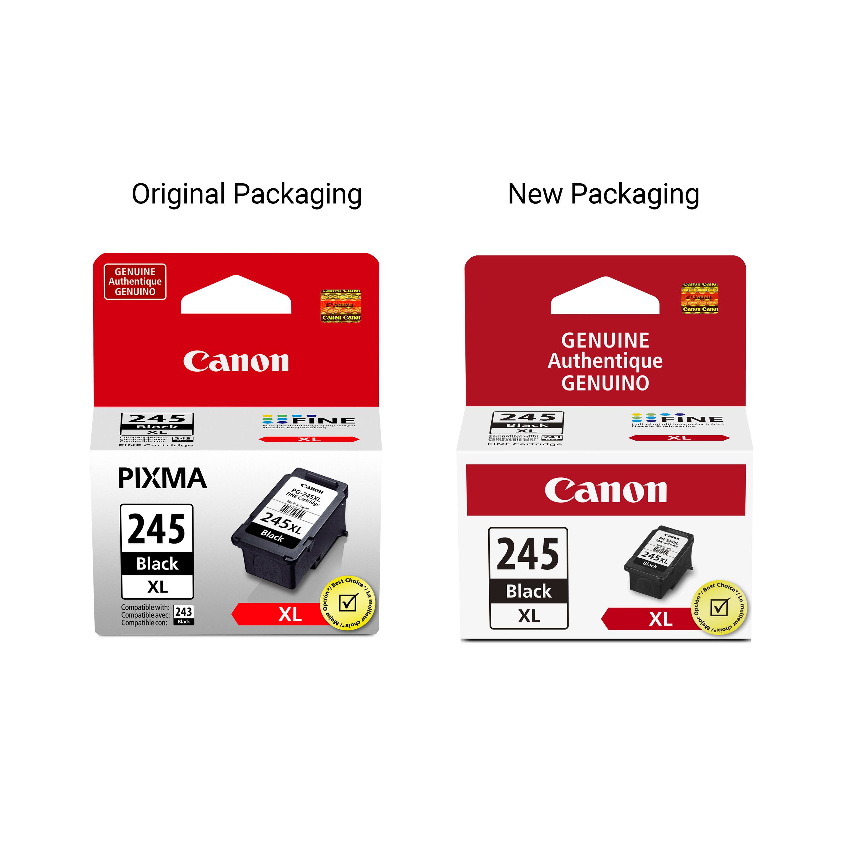Original Packaging  
New Packaging  

GENUINE Authentique GENUINO  
Canon  

245  
PIXMA  
245 Black XL  
Compatible with: 243  
XL  

GENUINE Authentique GENUINO  
Canon  

245  
PIXMA  
245 Black XL  
Compatible with: 243  
XL