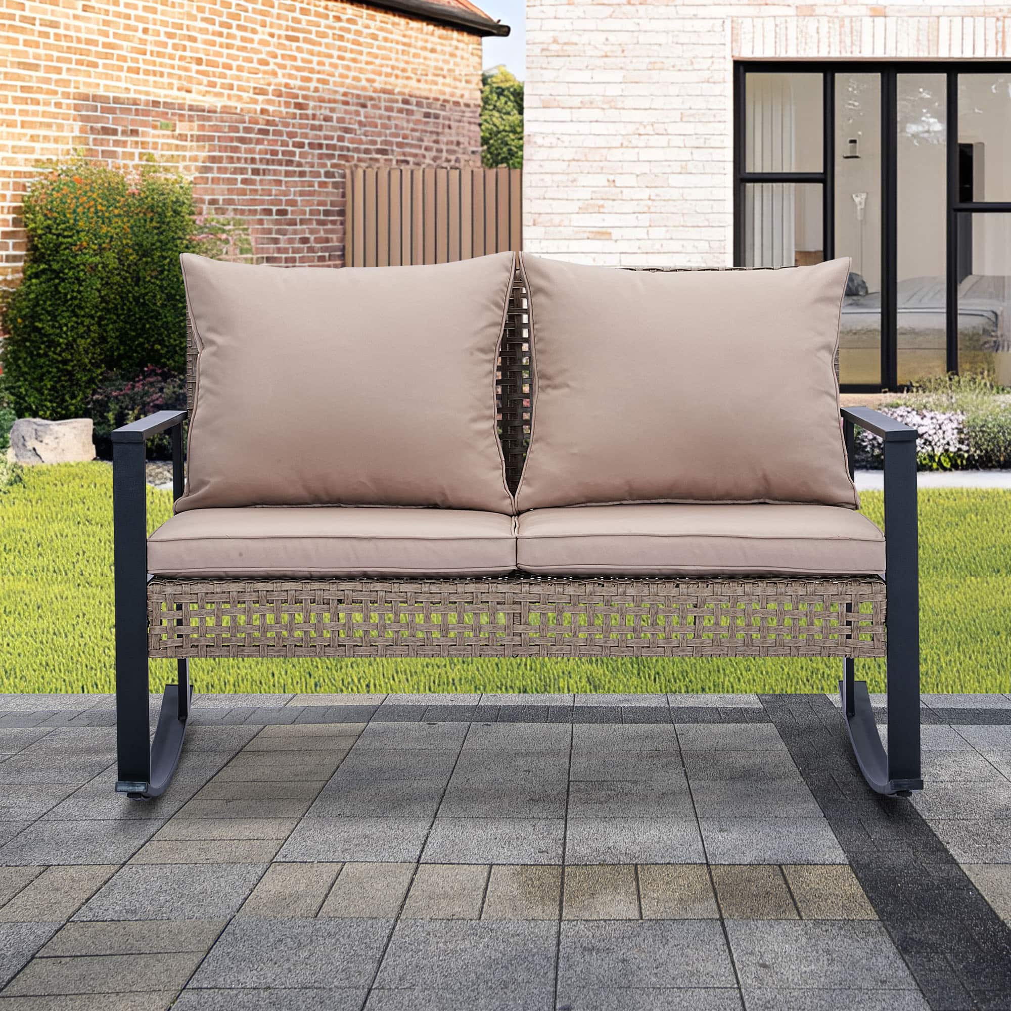 Ainfox - Patio Sofa Wicker Loveseat Rocking Chair - Khaki