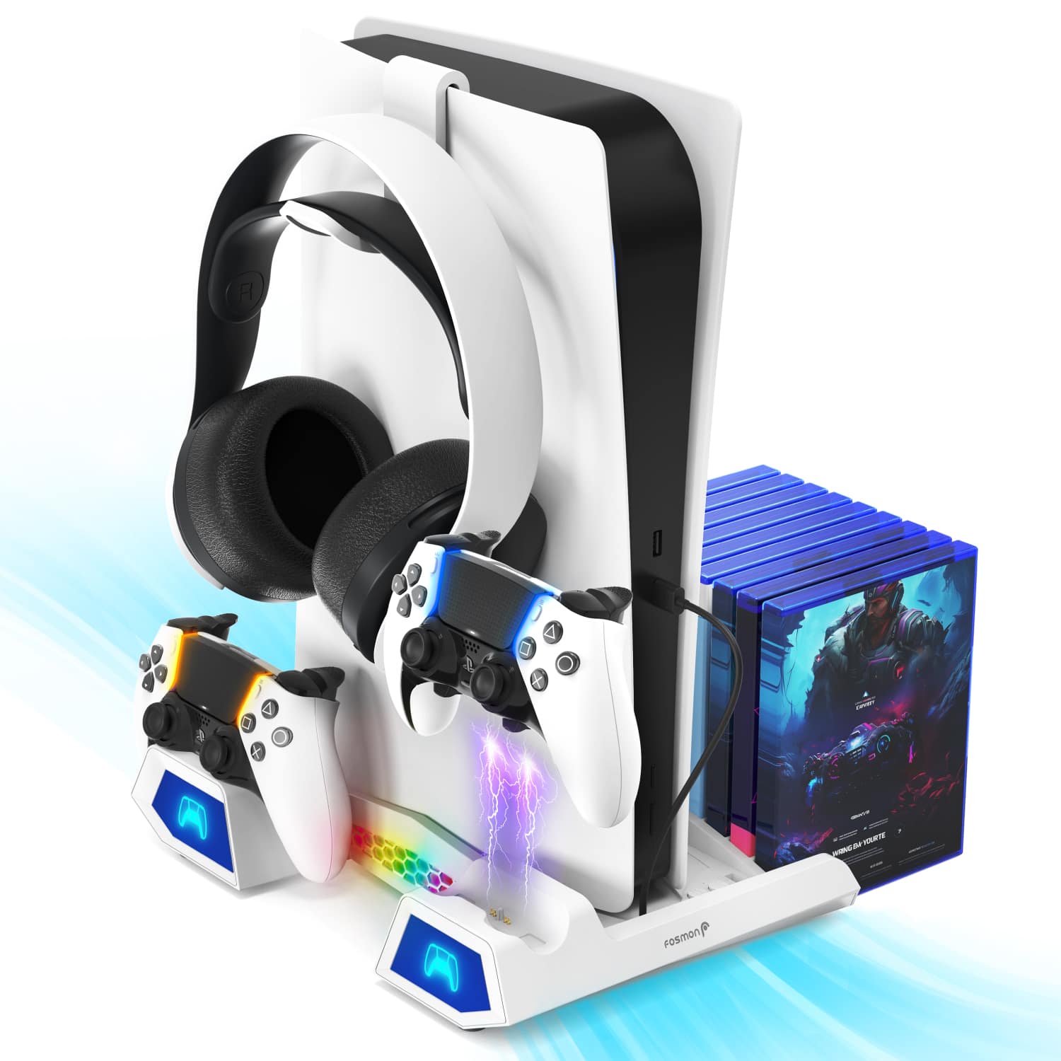 Fosmon - For PS5 Cooling Station with PS5 Controller Charger Station For PS5 Pro Slim, PS5 Dock Fan, Headset Hook, Disc Holder - White