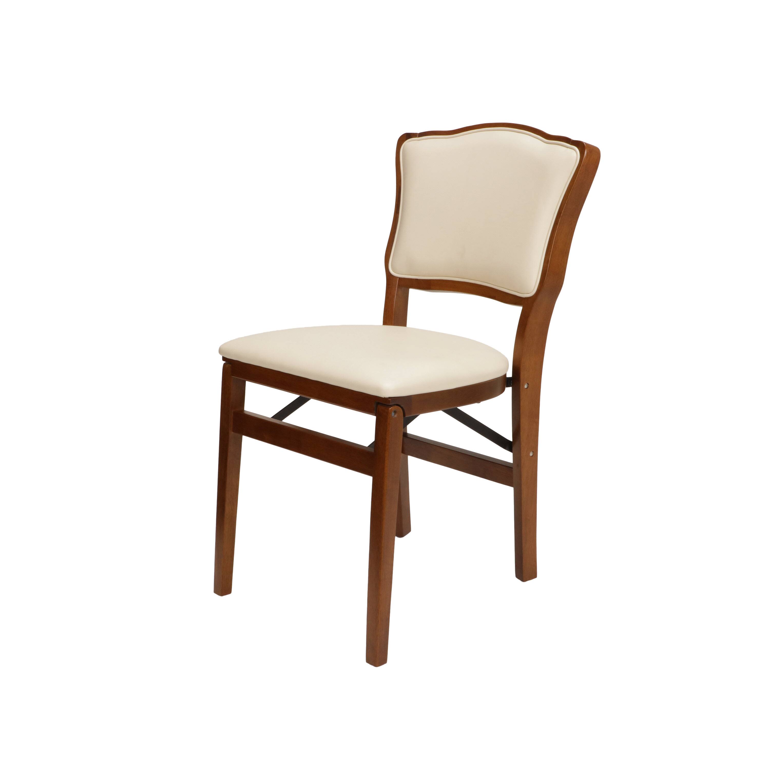 Left. Stakmore - Stakmore French Upholstered Folding Chair, Fruitwood Frame with Off White Vinyl - Brown.