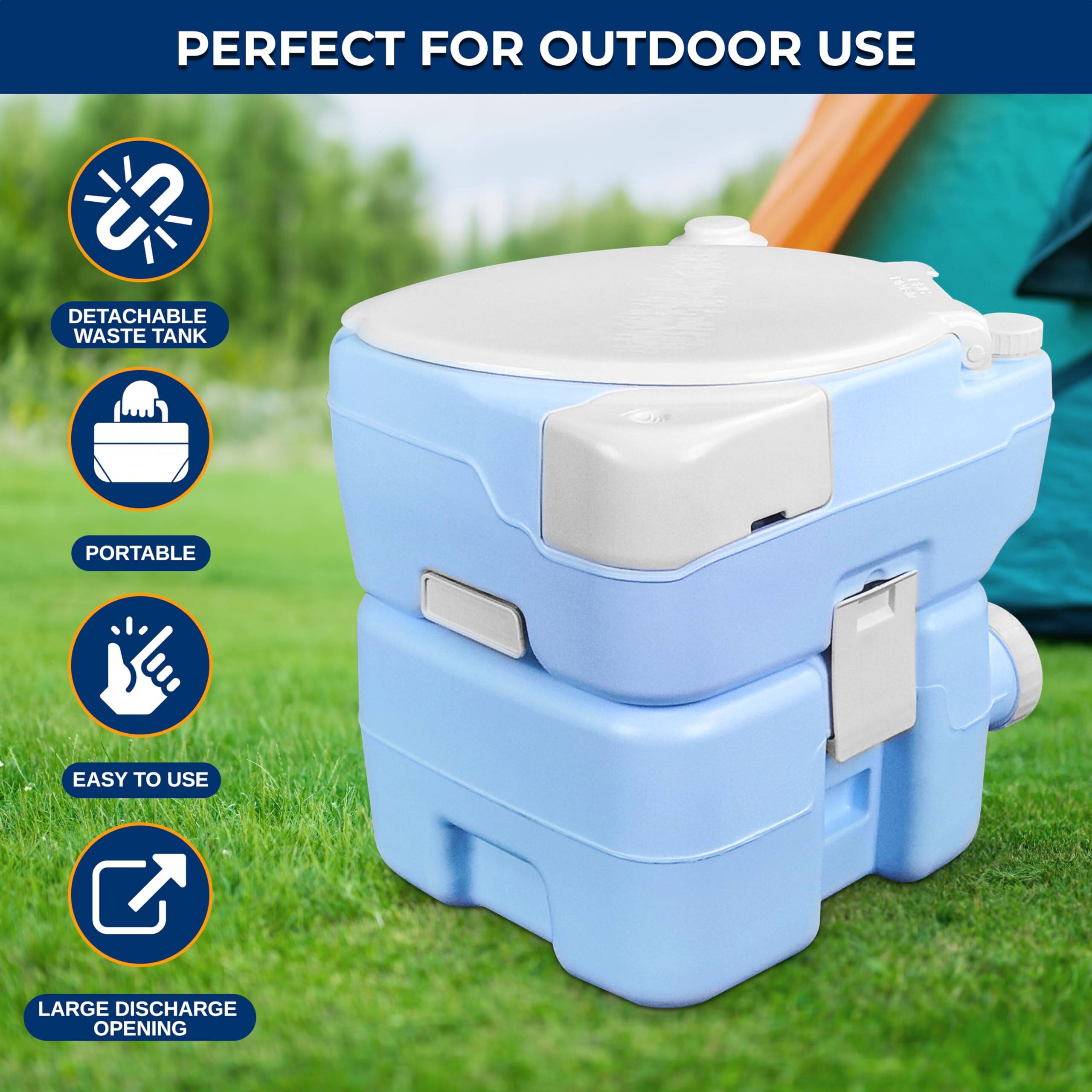 PERFECT FOR OUTDOOR USE

- DETACHABLE WASTE TANK
- PORTABLE
- EASY TO USE
- LARGE DISCHARGE OPENING