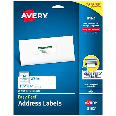 AVERY
8162
Pop-up Edge™ for easy peeling
Free Easy-to-Use Avery Templates
avery.com/templates
White
1 1/3" x 4"
350 labels - 25 sheets
Easy Peel® Address Labels
SURE FEED TECHNOLOGY
Jam & Smudge Free
Inkjet
AVERY
8162