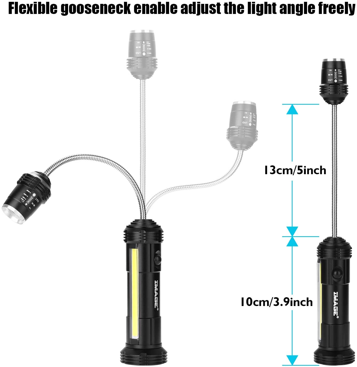 Flexible gooseneck enables adjust the light angle freely

13cm/5inch

10cm/3.9inch