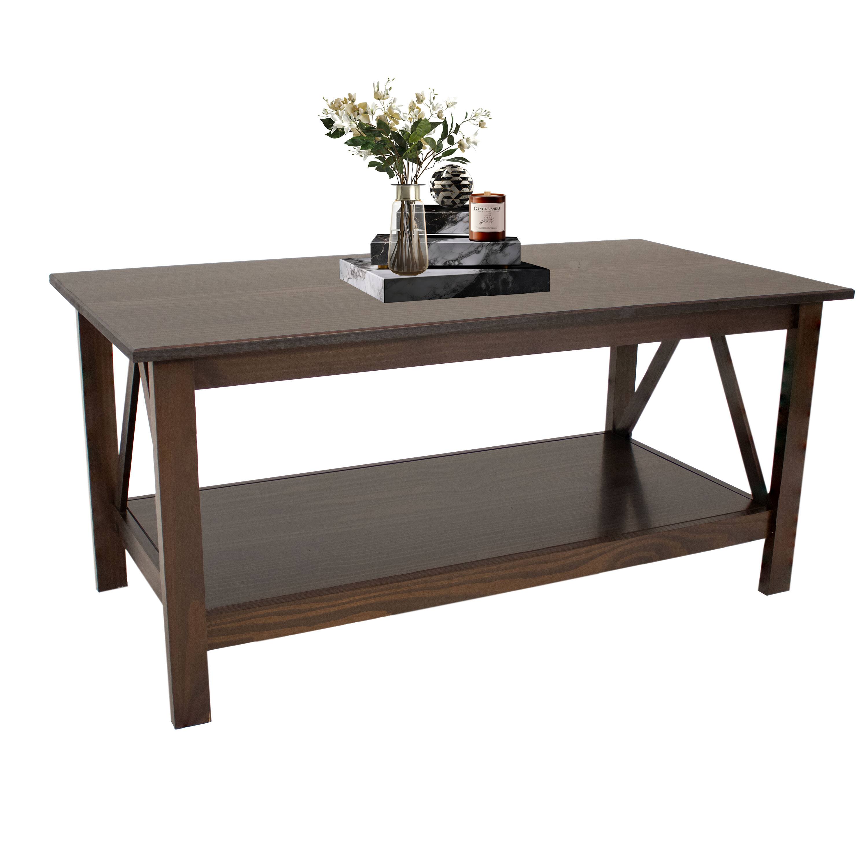 Alt View 8. Sunnydaze - Solid Pine Coffee Table with Shelf - 43.5 in - Dark Brown.