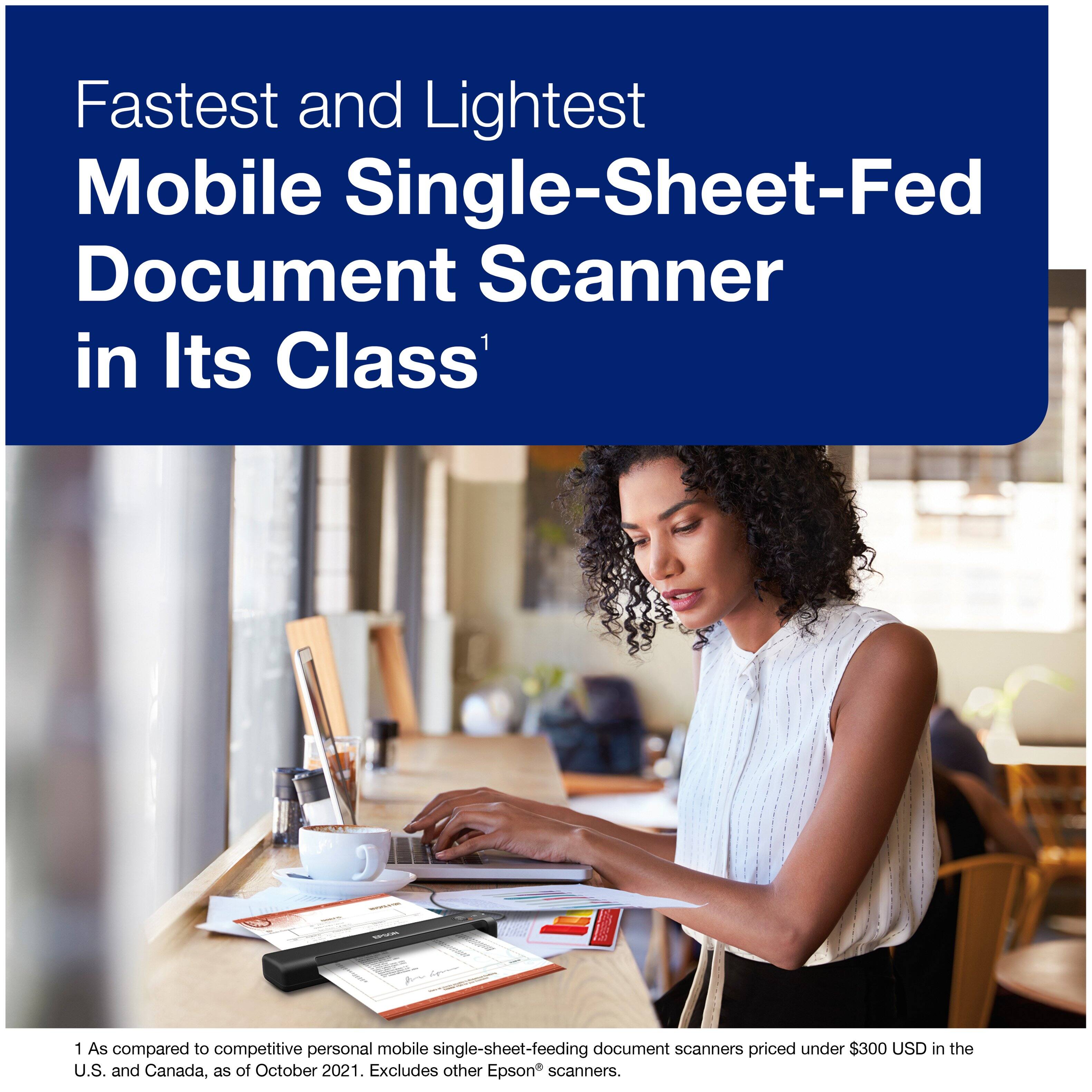 The text on the image reads: "Fastest and Lightest Mobile Single-Sheet-Fed Document Scanner in Its Class." This statement is comparing the scanner to other competitive personal mobile single-sheet-feeding document scanners priced under $300 USD in the U.S. and Canada, as of October 2021. Excludes other Epson scanners.
