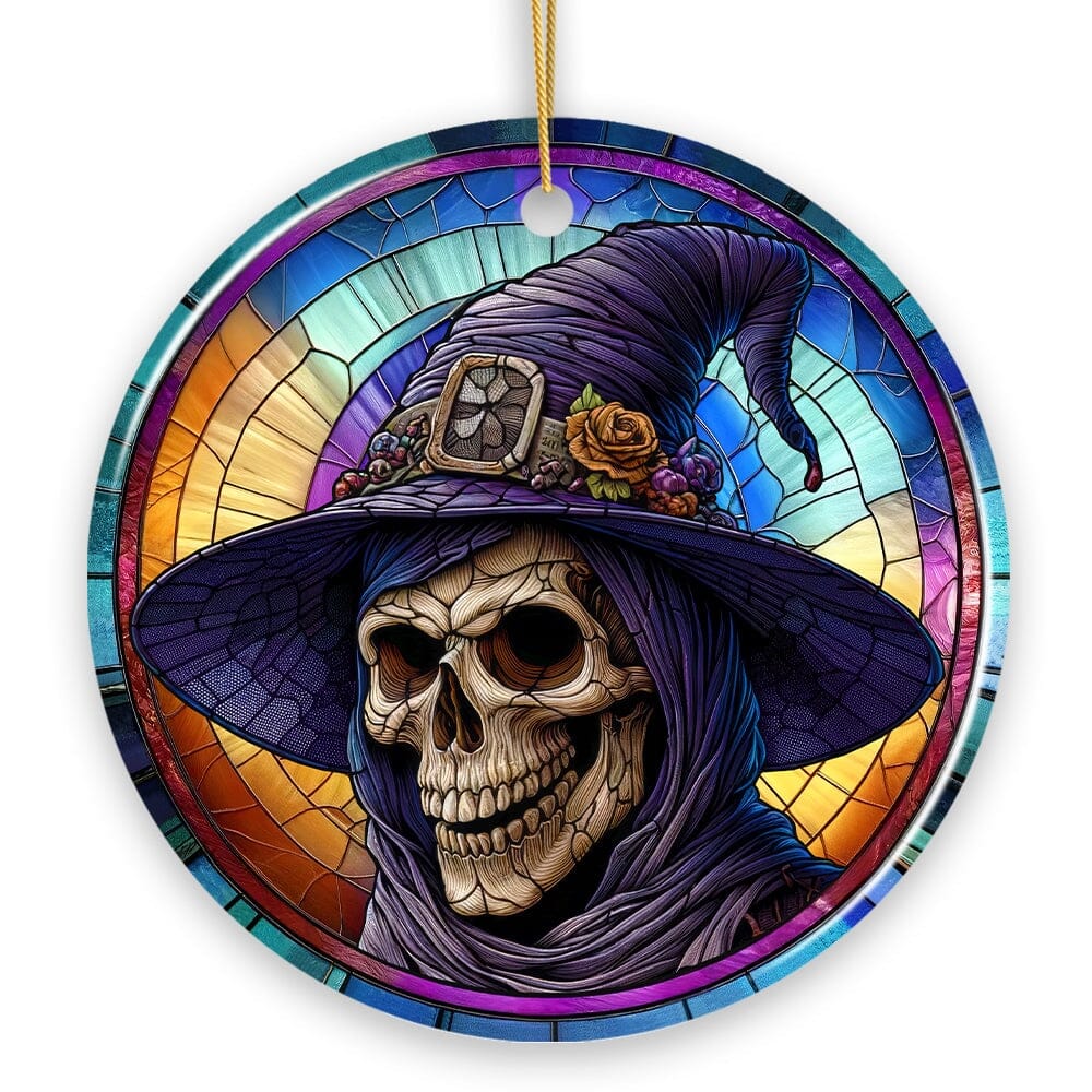 OrnamentallyYou - Witchy Grin Skull with Hat and Scarf Stained Glass Style Ceramic Ornament Halloween Themed - Multi-colored