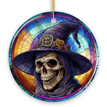 Front. OrnamentallyYou - Witchy Grin Skull with Hat and Scarf Stained Glass Style Ceramic Ornament Halloween Themed - Multi-colored.
