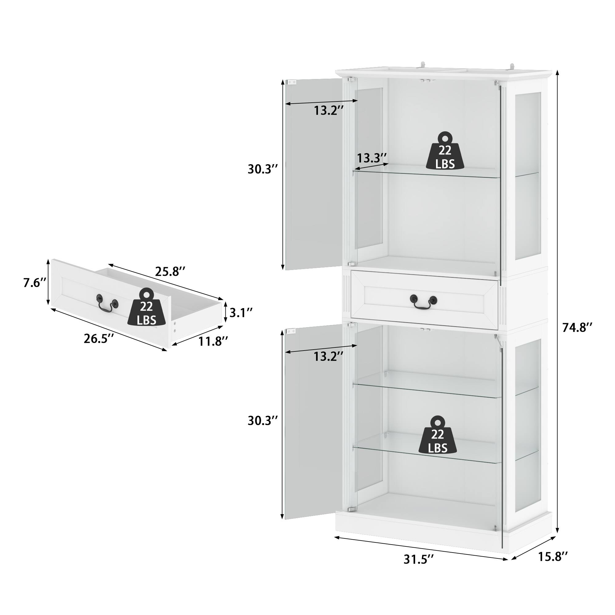 13.2" 30.3" 13.3" 22 LBS 7.6" 25.8" 26.5" 22 LBS 3.1" 11.8" 13.2" 74.8" 30.3" 22 LBS 31.5" 15.8"