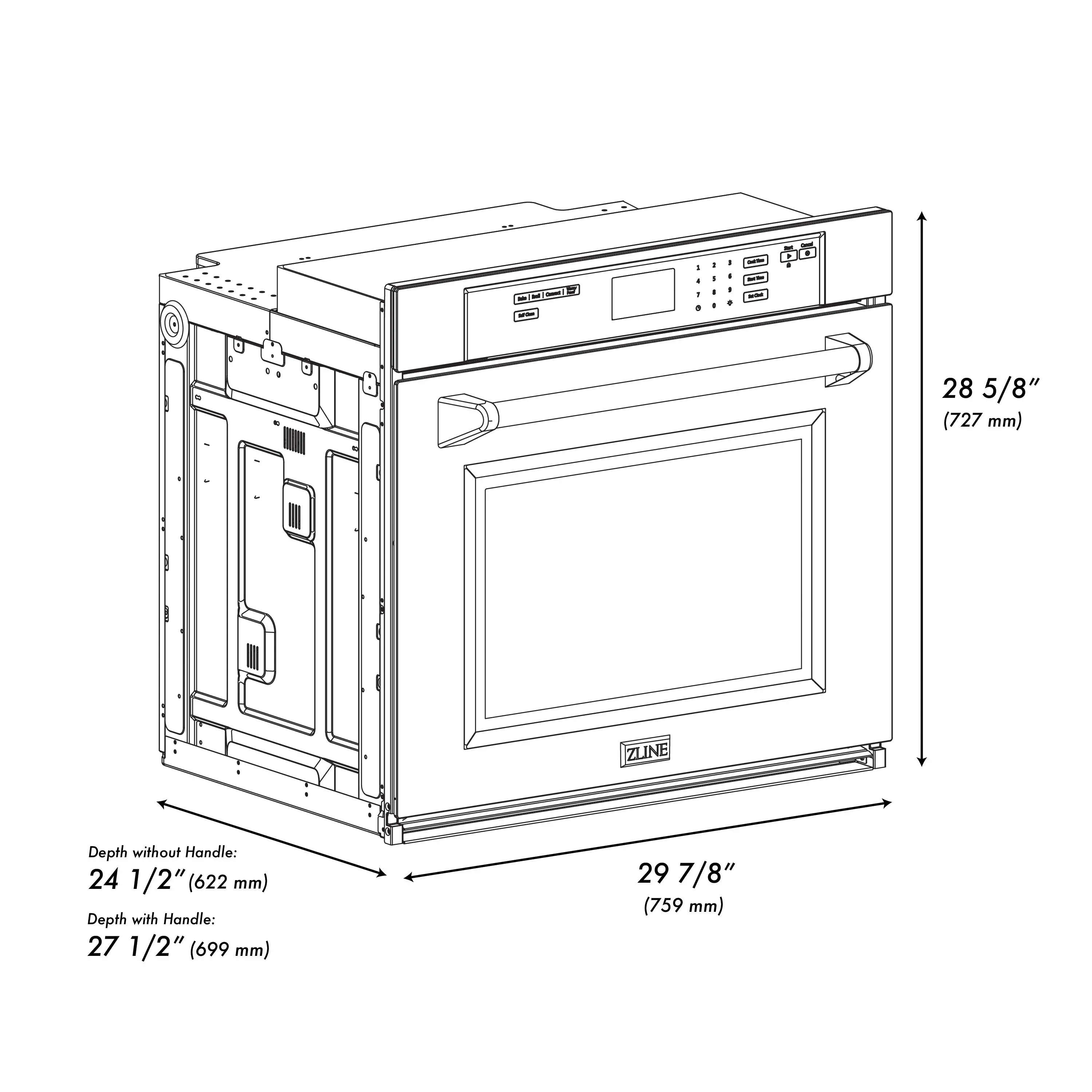 The image shows a stainless steel oven with dimensions of 28 5/8" (727 mm) in depth without the handle, and 27 1 1/2" (699 mm) in depth with the handle. The oven has a depth of 29 7/8" (759 mm) and is designed by ZLINE.