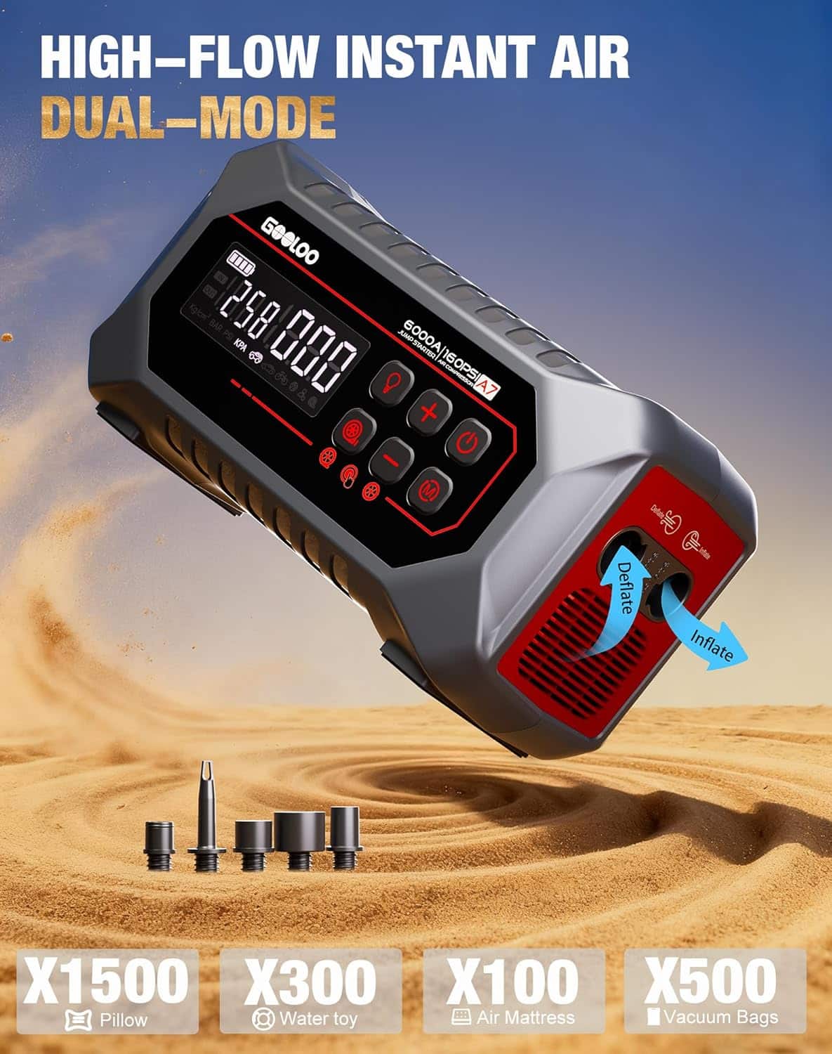 GOOLOO A7 6000A Jump Starter with Air Compressor, 160 PSI 12V