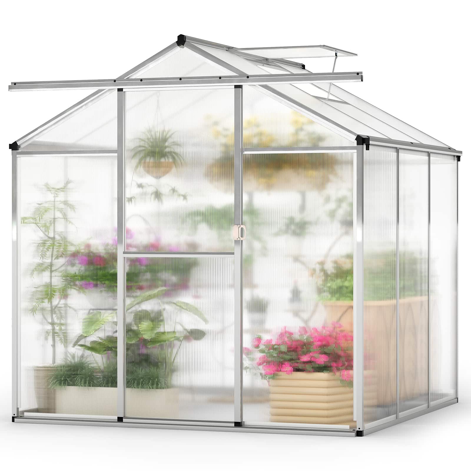 Gymax - 6 x 6 FT Greenhouse for Outdoors Large Walk-in Green House w/ Rain Gutters - Transparent, Silver