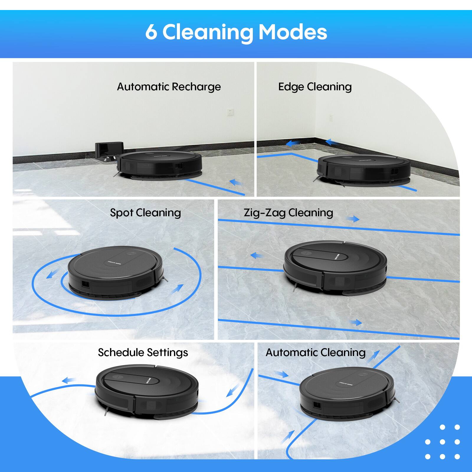 6 Cleaning Modes

- Automatic Recharge
- Edge Cleaning
- Spot Cleaning
- Zig-Zag Cleaning
- Schedule Settings
- Automatic Cleaning