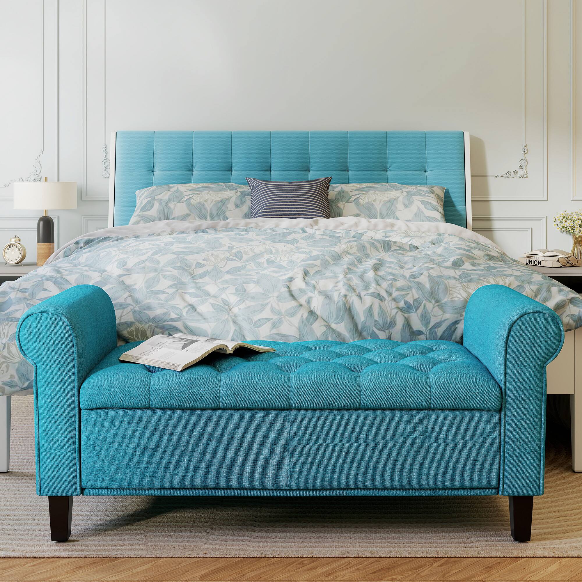 Alt View 1. Homcom - Inches Storage Ottoman, End of Bed Bench with Rolled Arms, Wood Legs - Light Gray.