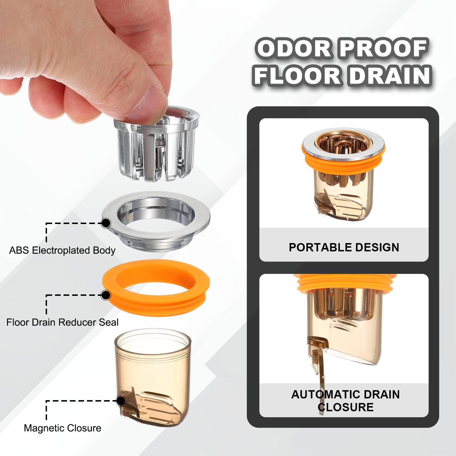 ODOR PROOF FLOOR DRAIN  
ABS Electroplated Body  
PORTABLE DESIGN  
Floor Drain Reducer Seal  
AUTOMATIC DRAIN CLOSURE  
Magnetic Closure