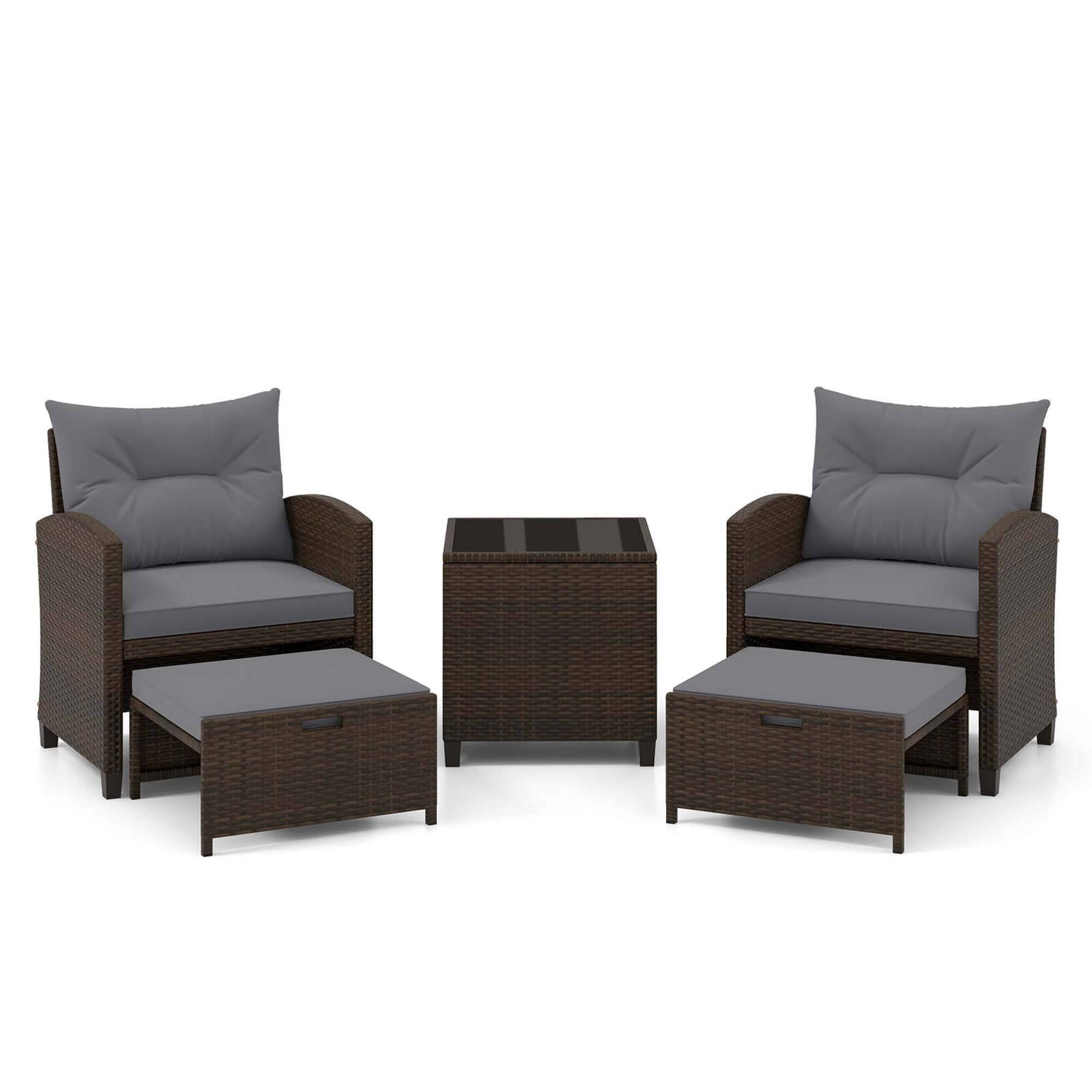 Gymax - Set of 5 Rattan Furniture w/ 2 Wicker Ottomans & Tempered Glass Coffee Table Patio - Gray