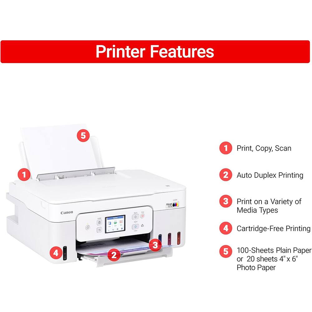 Printer Features

1. Print, Copy, Scan
2. Auto Duplex Printing
3. Print on a Variety of Media Types
4. Cartridge-Free Printing
5. 100-Sheets Plain Paper or 20 sheets 4"x 6" Photo Paper