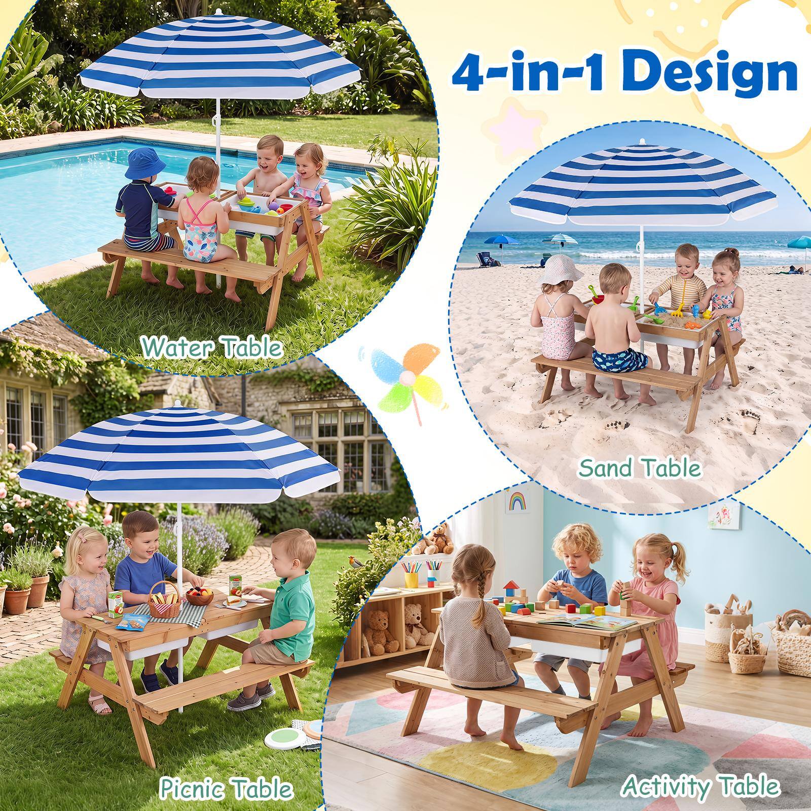4-in-1 Design

Water Table

Sand Table

Picnic Table

Activity Table