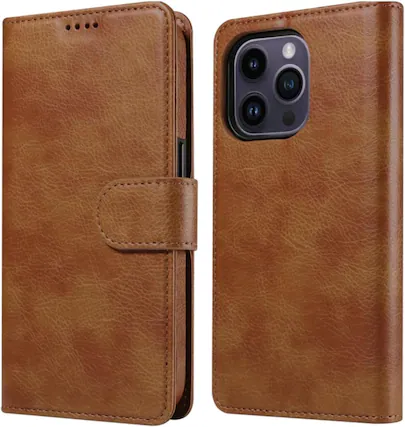 Front. RadEnergy - EMF Blocking Genuine Leather Wallet Phone Case with Card Holder for iPhone, Anti Radiation, iPhone Air - Brown.