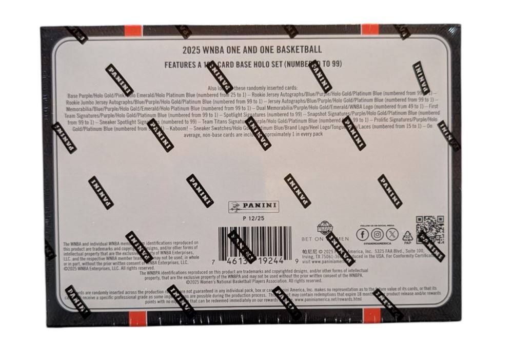 2025 WNBA ONE AND ONE BASKETBALL  
FEATURES A 16 CARD BASE HOLO SET (NUMBERED TO 99)  

Also look for these randomly inserted cards:  
- Base Purple/Holo Gold/Pink  
- Emerald/Holo Platinum Blue (numbered from 25 to 1)  
- Rookie Jersey Autographs/Blue/Purple/Holo Gold/Platinum Blue (numbered from 99 to 1)  
- Jersey Autographs/Blue/Purple/Holo Gold/Platinum Blue (numbered from 99 to 1)  
- Jumbo Jersey Autographs/Blue/Purple/Holo Gold/Emerald/Holo Platinum Blue (numbered from 99 to 1)  
- Dual Memorabilia/Purple/Holo Gold/Emerald/WNBA Logo (numbered from 99 to 1)  
- Spotlight Signatures (numbered from 99 to 1)  
- Snapshot Signatures/Purple/Holo Gold/Platinum Blue (numbered from 99 to 1)  
- Team Signatures/Purple/Holo Gold/Platinum Blue (numbered from 99 to 1)  
- Team Titans Signatures
