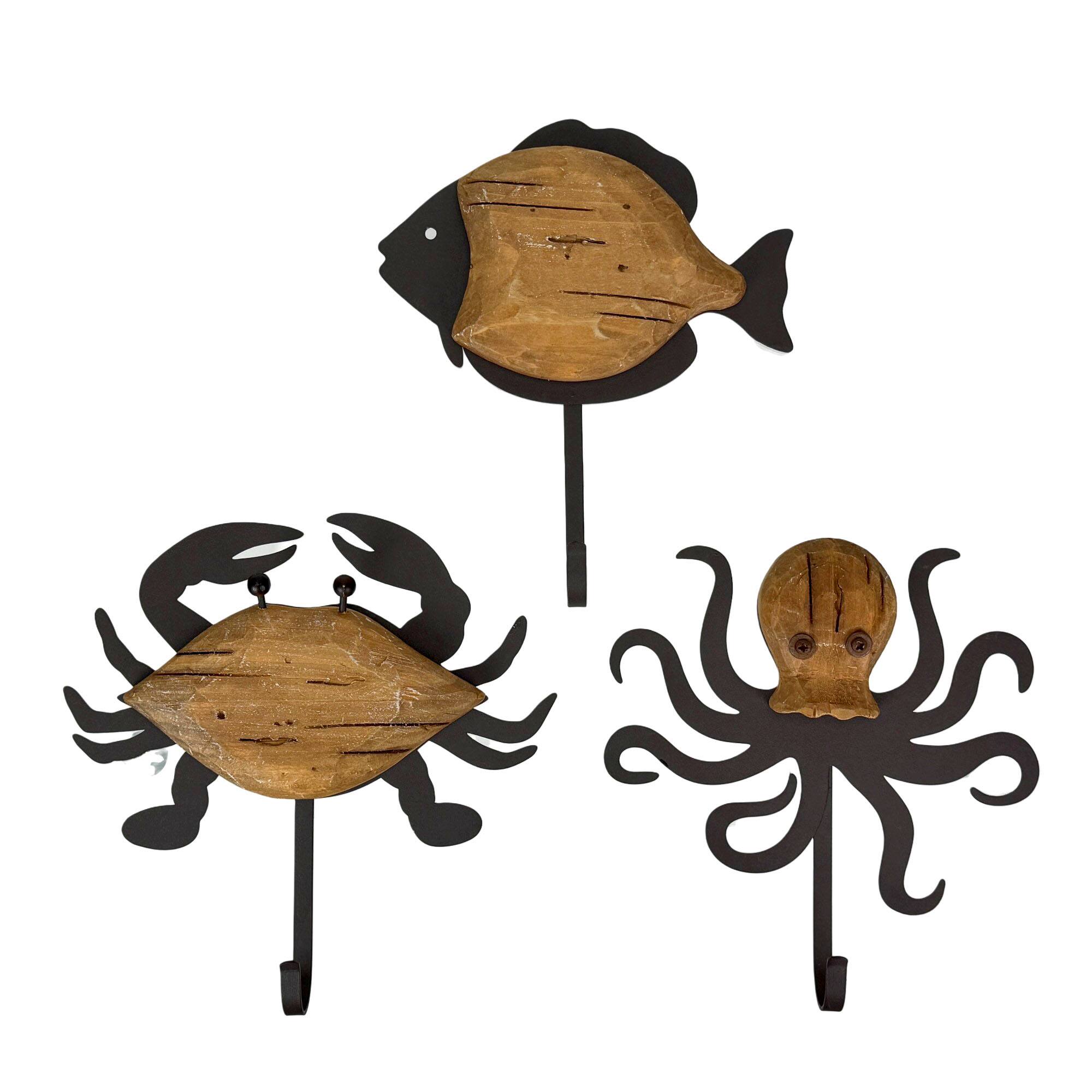 Things2Die4 - Set of 3 Nautical Wood and Metal Decorative Wall Hooks Fish Crab Octopus - Brown