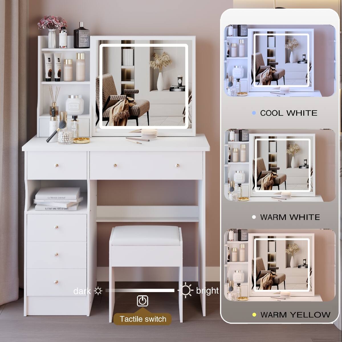 COOL WHITE  
LA Monde ormot  
- -  
- NET 0%  
ECAFE  
WARM WHITE  
dark  
bright  

Tactile switch  
WARM YELLOW