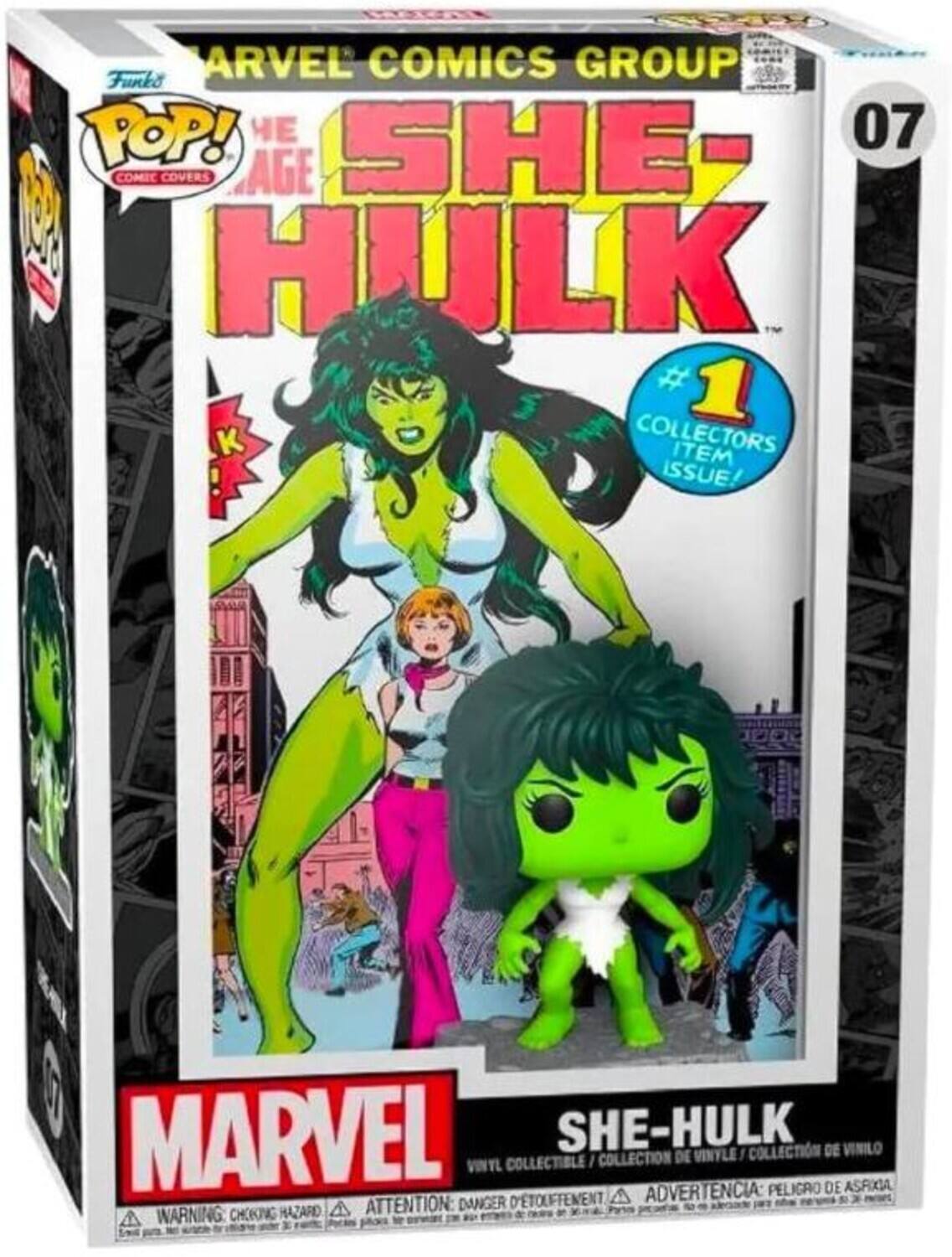 The text on the image can be grouped and corrected as follows:

**Marvel Comics Group Top!**
- She-Hulk #1 Comic Covers Age
- Collectors Item Issue!
- OBOC Marvel She-Hulk Vinyl!
- Collection de Vinilo Collectible
- Collection de Vinilo

**Advertencia: Peligro de Asfixia**
- Danger D'Étouffement
- Warning: Choking Hazard
- Attention: Danger d'Étouffement

This text appears to be related to a collectible vinyl figure of She-Hulk from Marvel Comics.