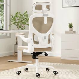 Petrimins - Mesh Office Chair with 3-Way Adjustable Headrest & Lumbar Support, Swivel Desk Chair with Flip-up Arms - Khaki