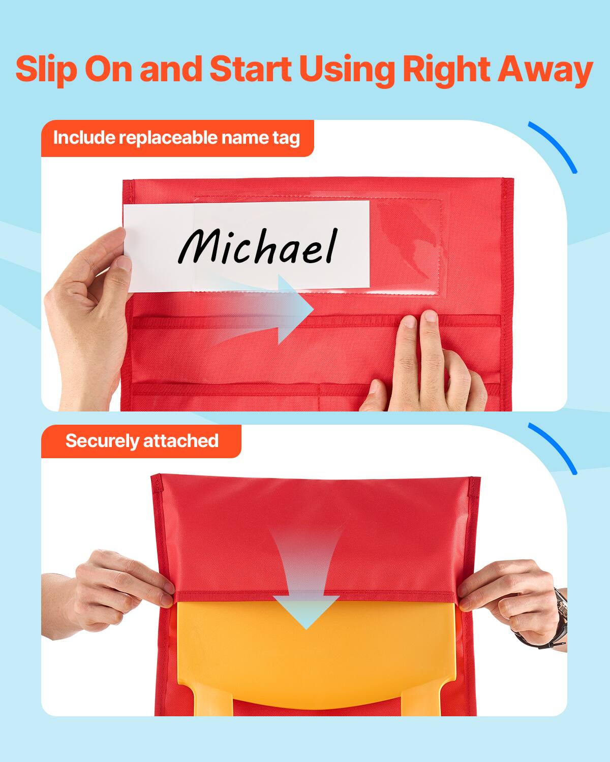 Slip On and Start Using Right Away

Include replaceable name tag

Michael

Securely attached
