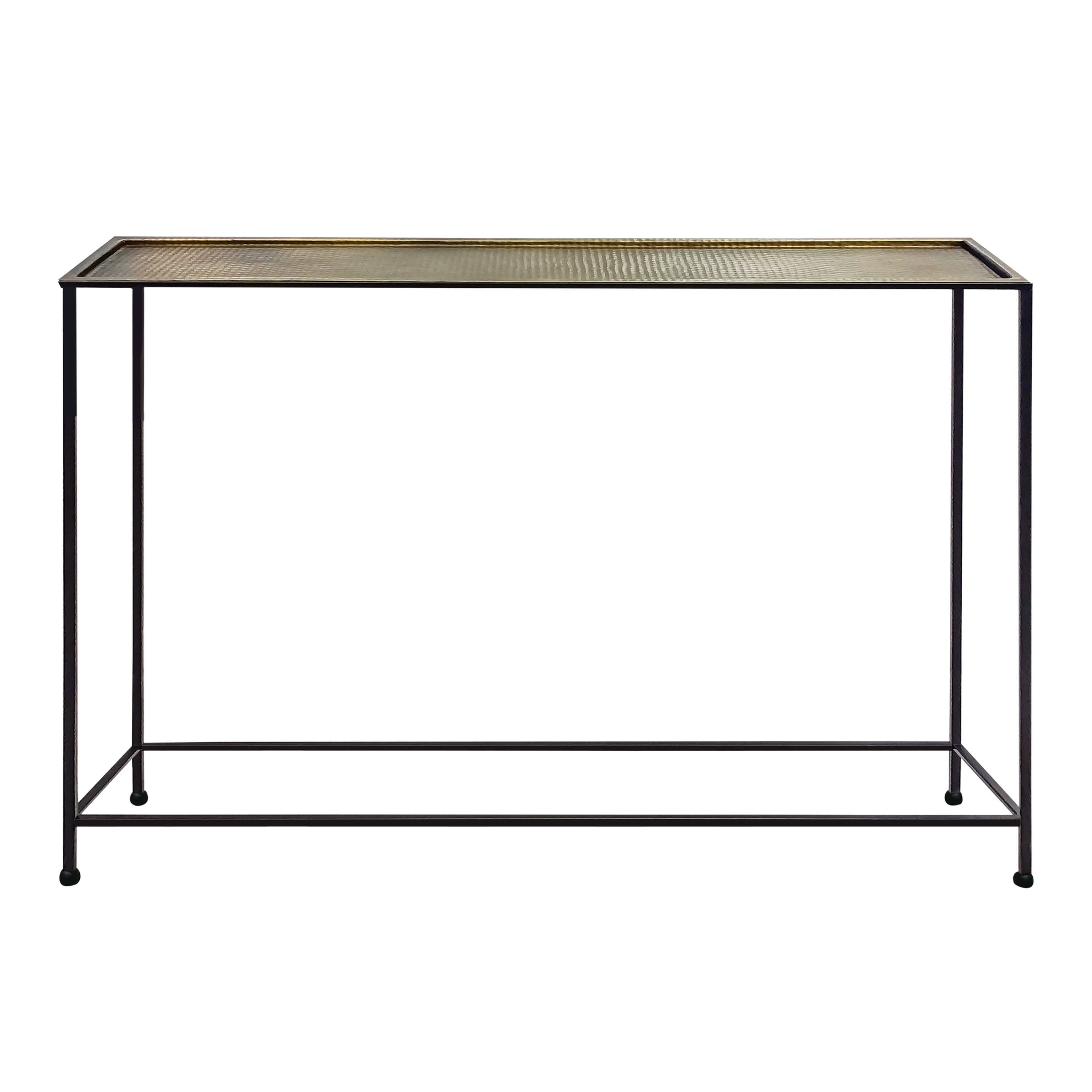Front. Manhattan Lane - 48 Inch Console Sofa Table, Artisanal Hammered Antique Bronze Tray Top, Industrial Black Iron Frame - Antique Bronze, Black.