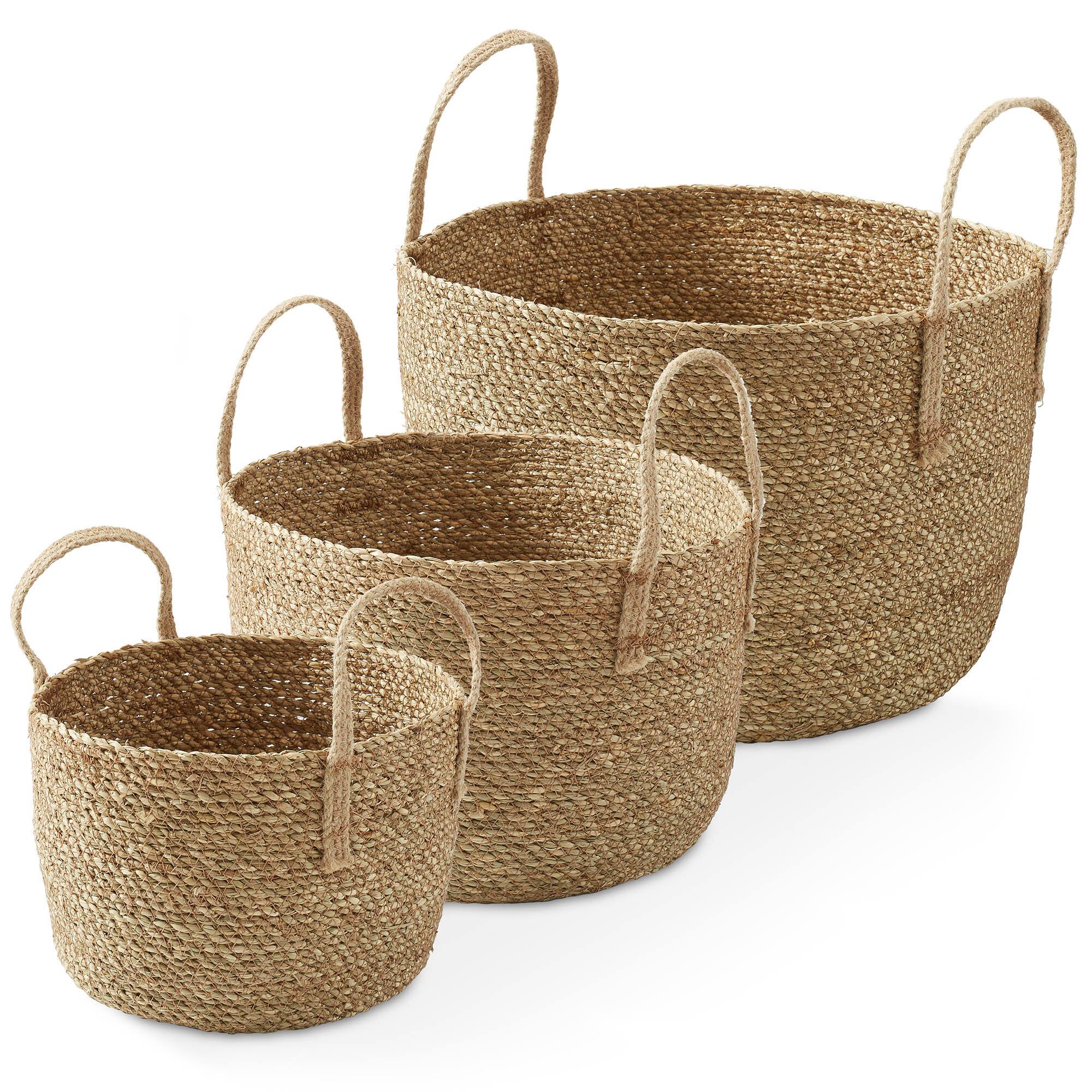 Alt View 2. Casafield - 3 Seagrass Storage Basket Planters with Jute Handles - Boho Woven Bins - Natural.