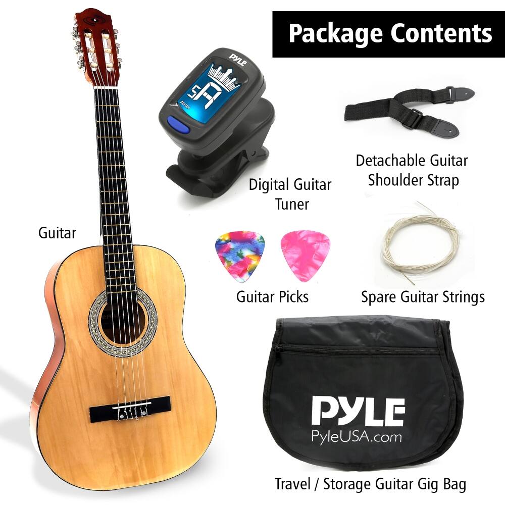 Package Contents

- Guitar
- Digital Guitar Tuner
- Detachable Guitar Shoulder Strap
- Guitar Picks
- Spare Guitar Strings
- Travel / Storage Guitar Gig Bag

PYLE  
PyleUSA.com