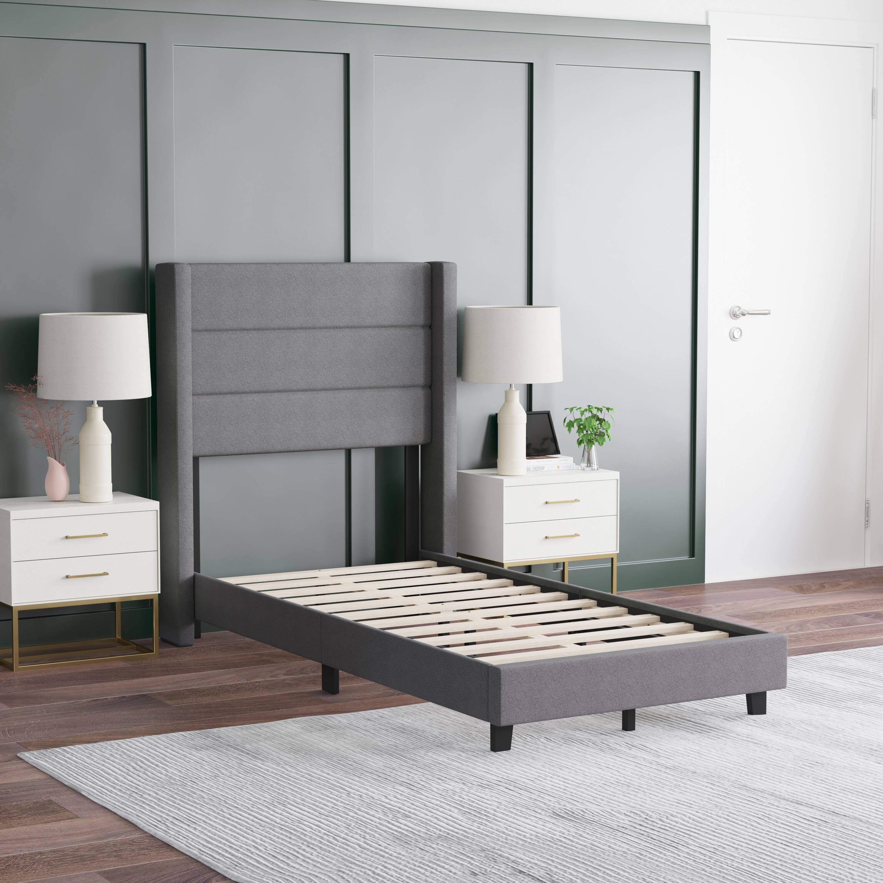Alt View 3. Emma + Oliver - Upholstered Platform Bed with Wingback Headboard - Gray.