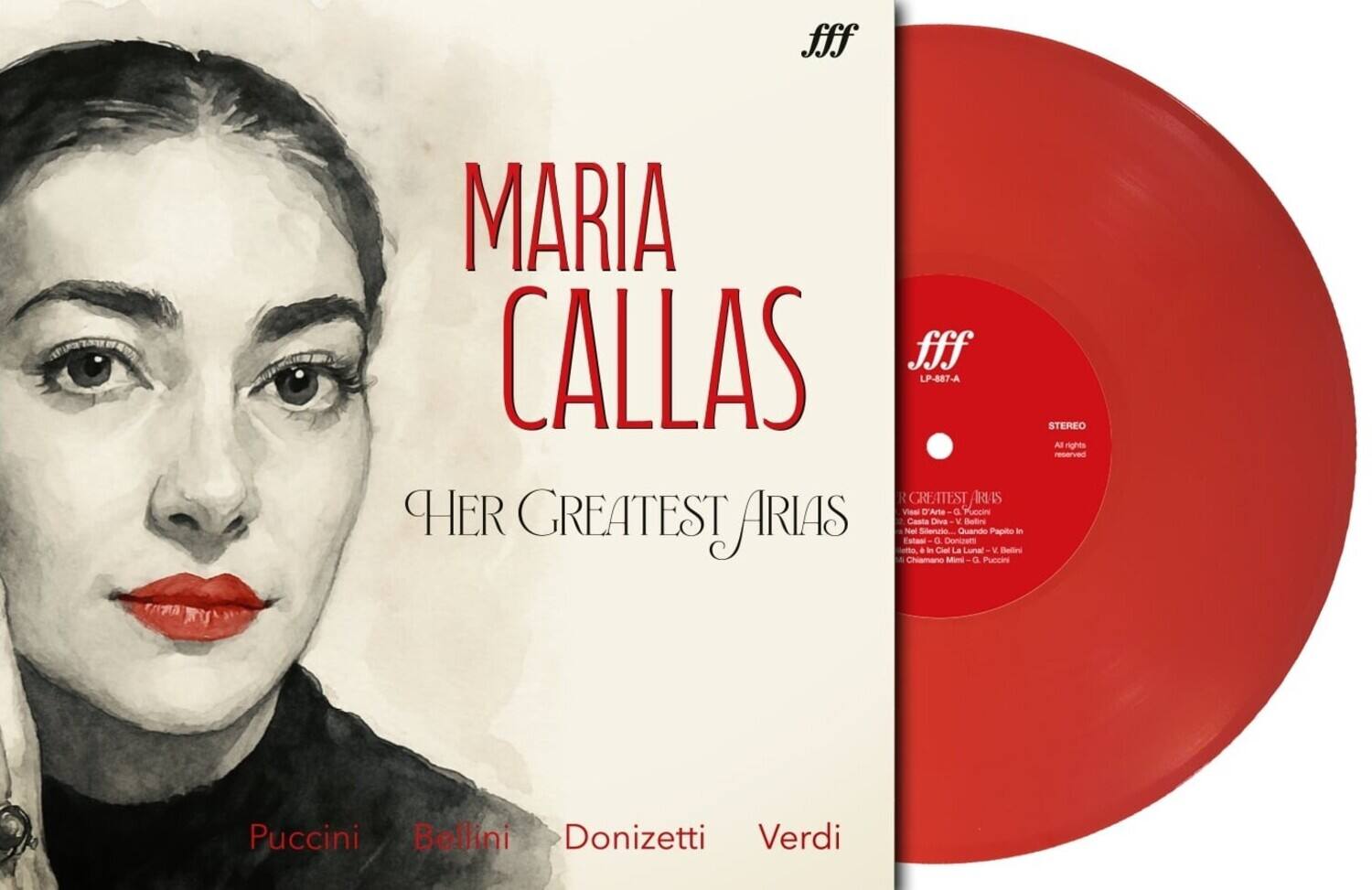 MARIA CALLAS  
HER GREATEST ARIAS  

Puccini  
Bellini  
Donizetti  
Verdi  

fff  
LP-887-A  

STEREO  
All rights reserved  

GREATEST ARIAS  
Vemi D'Arte - Q. Puccini  
Casta Diva - V. Bellini  
Nel Chiamano Siteruo - G. Donizetti  
La Luna di Piombo - G. Puccini  
Donizetti - V. Bellini  
Verdi - G. Puccini