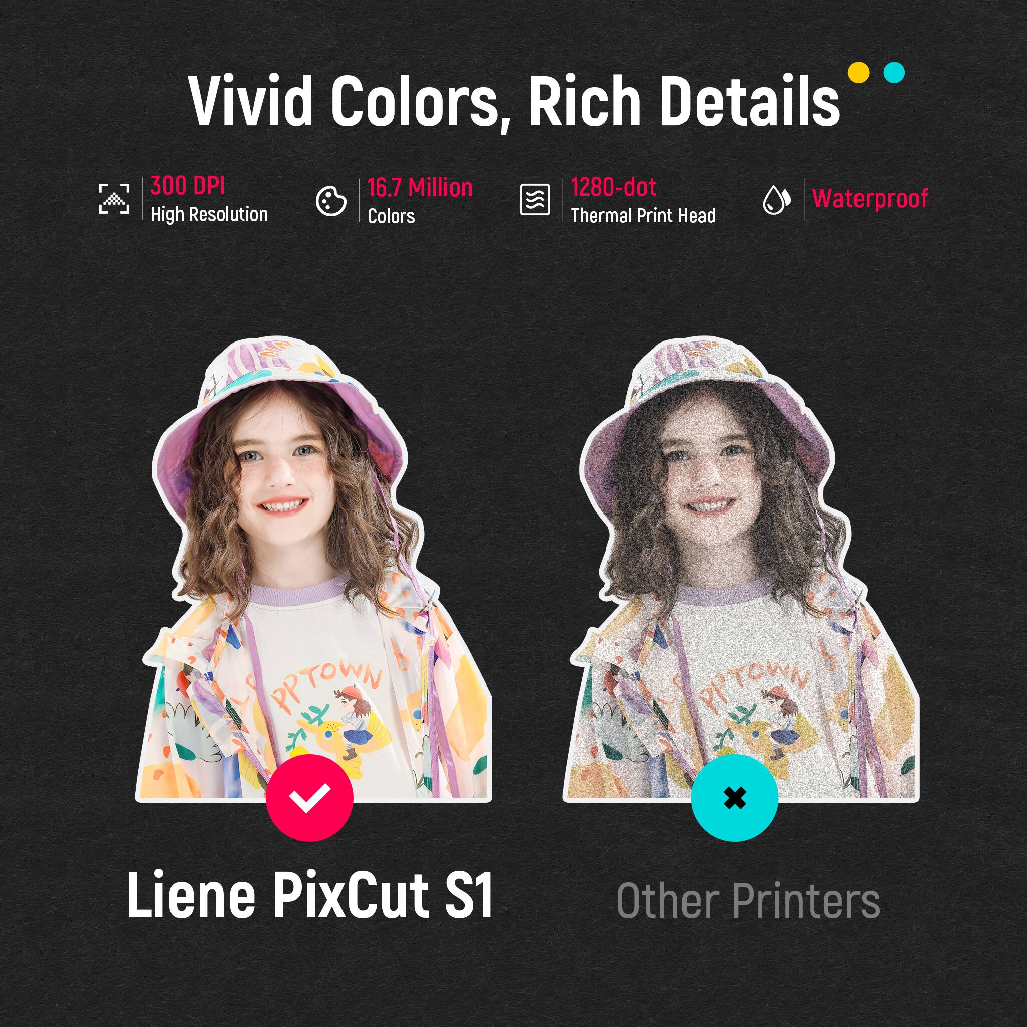 Vivid Colors, Rich Details

300 DPI
High Resolution

16.7 Million Colors

1280-dot Thermal Print Head

Waterproof

Liene PixCut S1

Other Printers
