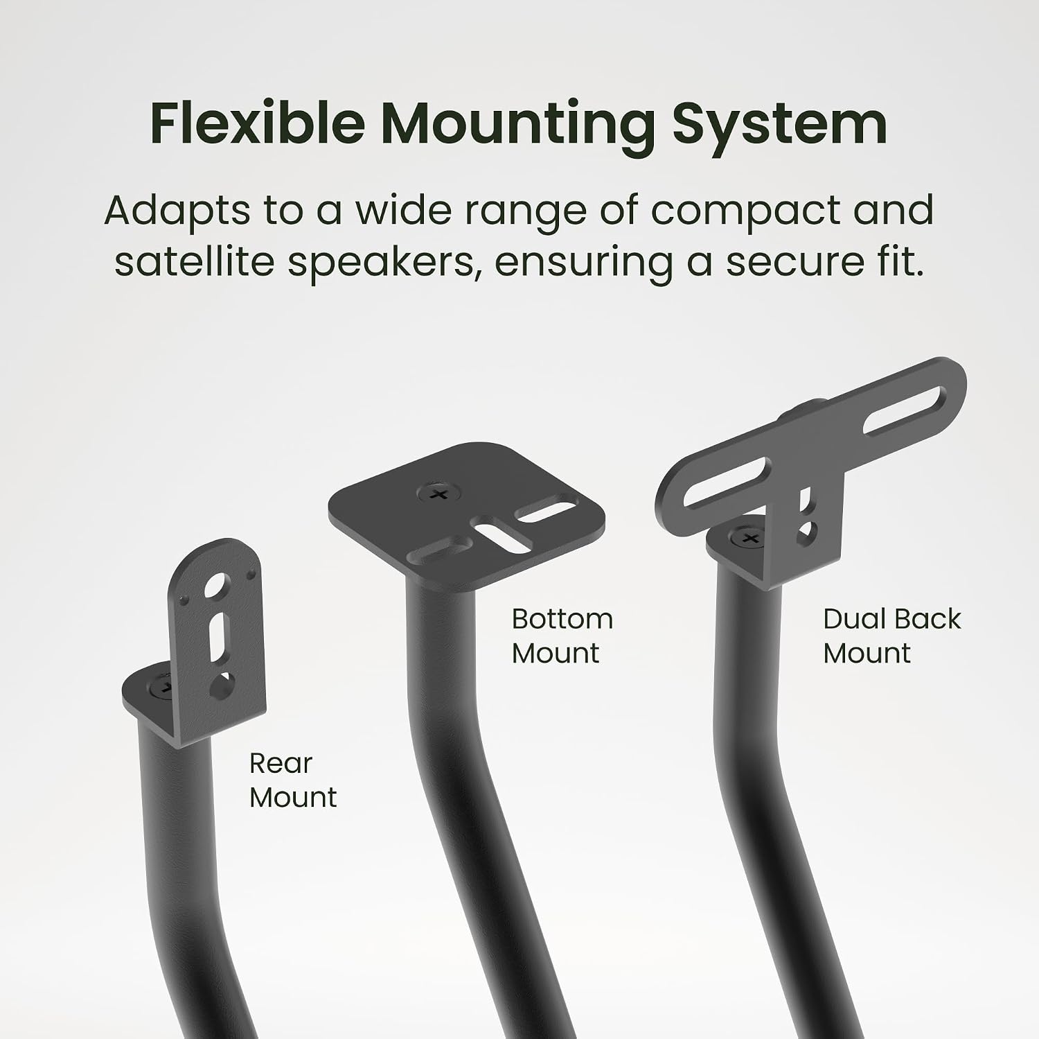 Flexible Mounting System  
Adapts to a wide range of compact and satellite speakers, ensuring a secure fit.  
Bottom Mount  
Dual Back Mount  
Rear Mount