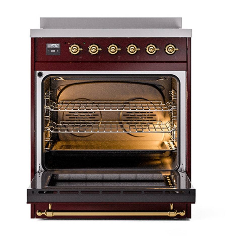 Alt View 2. iLive - ILVE Nostalgie II 30 inch Induction Range with 4 Elements (Triple Glass Door, Burgundy, Brass) - Burgundy.