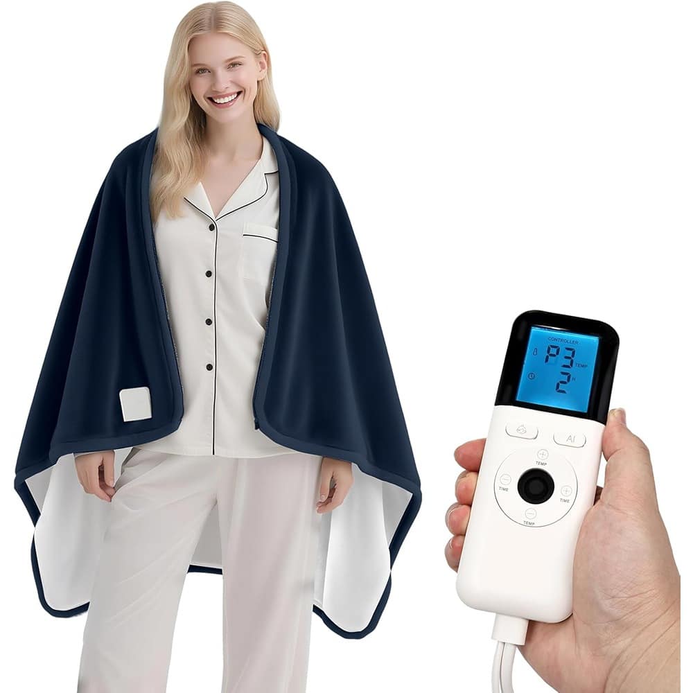 MOSZAR LLC - Wearable Heated Shawl – Soft Cozy, 6 Heat Levels, 33x59 - navy blue