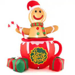 Costway - 7 FT Christmas Inflatable Blow up Pre-Lit Gingerbread Man in Mug with Gift Boxes - Red
