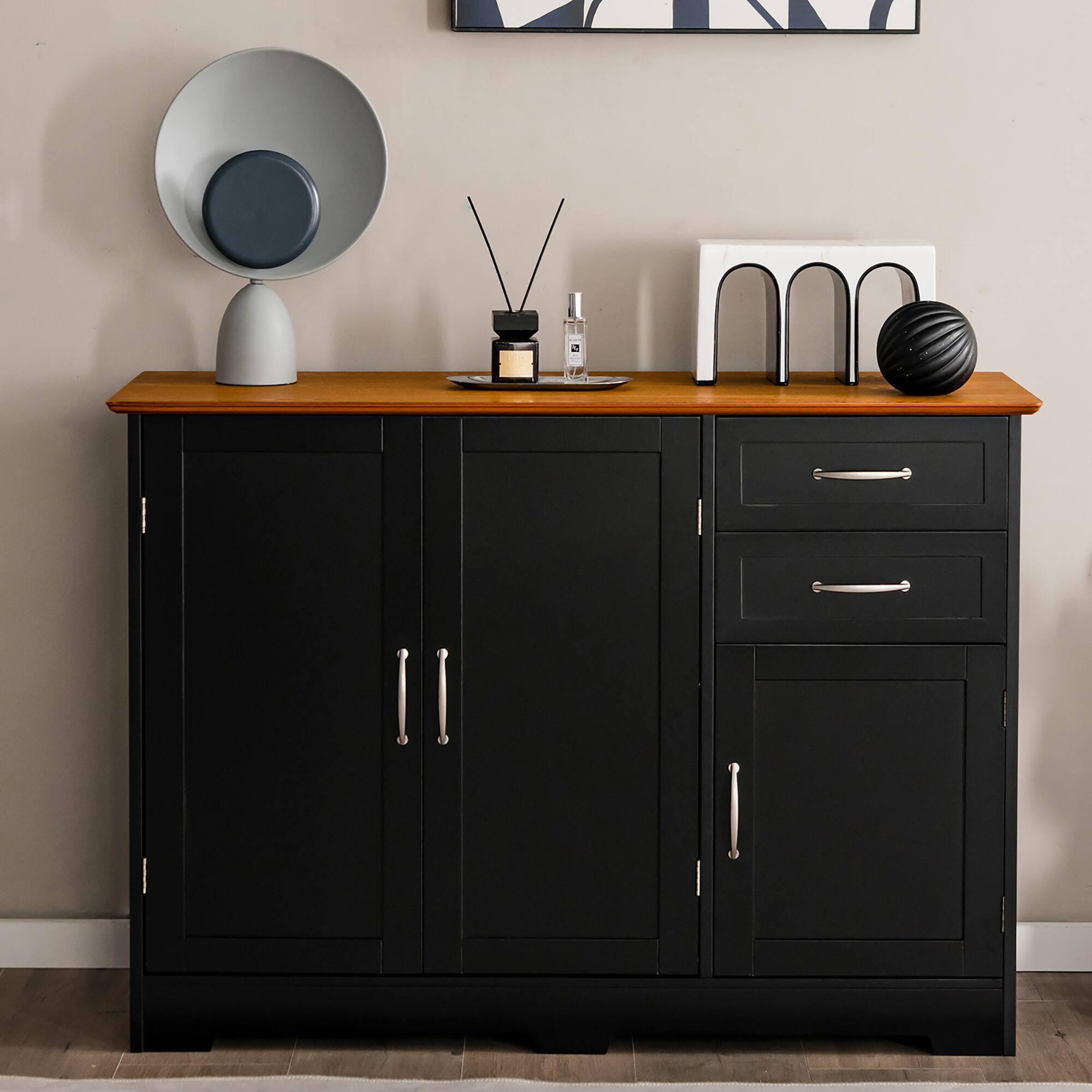 Alt View 1. Costway - Costway Buffet Sideboard Kitchen Cupboard Storage Cabinet with  2 Drawers & 3 Doors - Black,Vermilion.