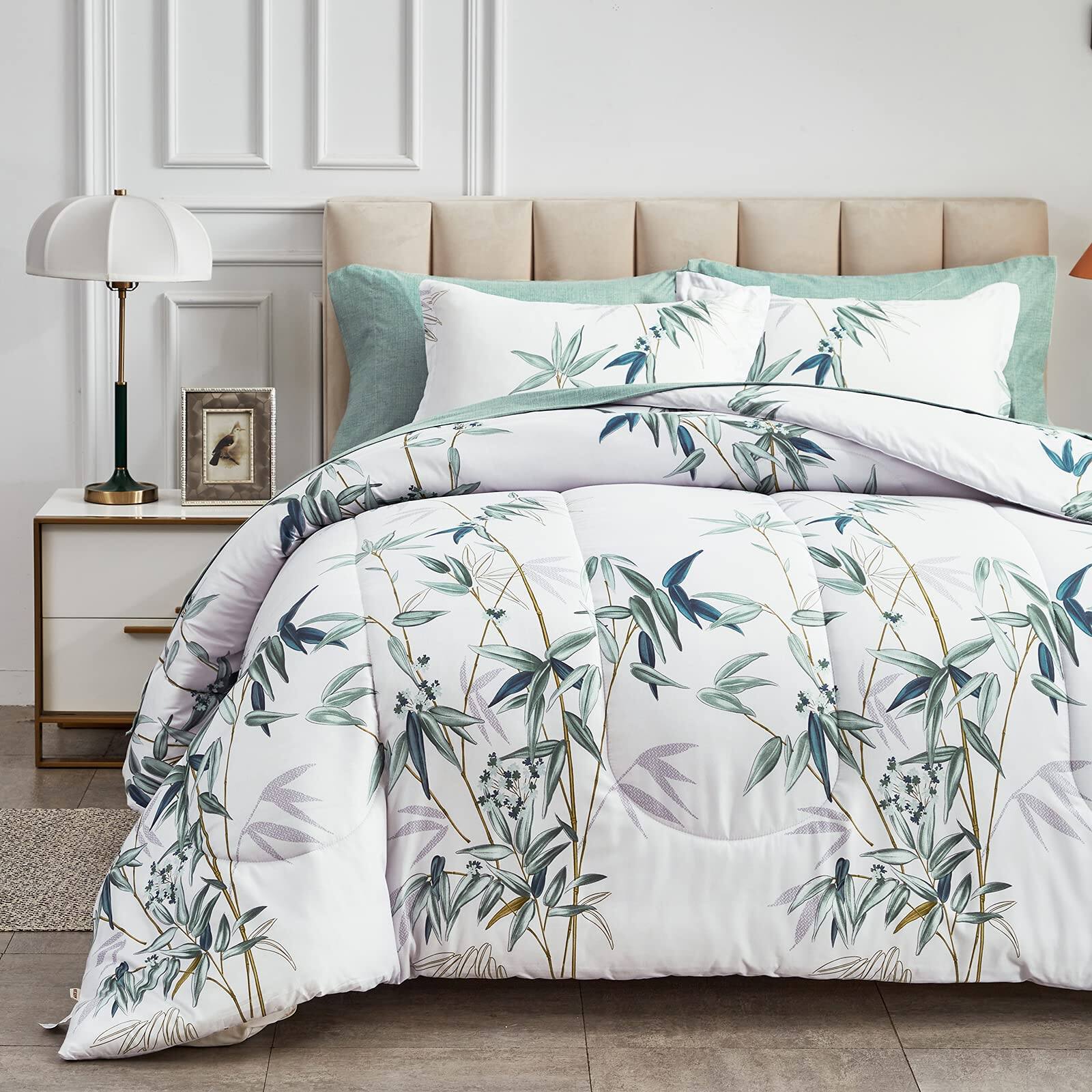 Front. Comfort Essence - 7 Pieces Bed In A Bag Queen Comforter Set With Sheets Leaves On Botanical Design Bedding Sets For All Season - Green Leaves-Queen-7 Pieces.