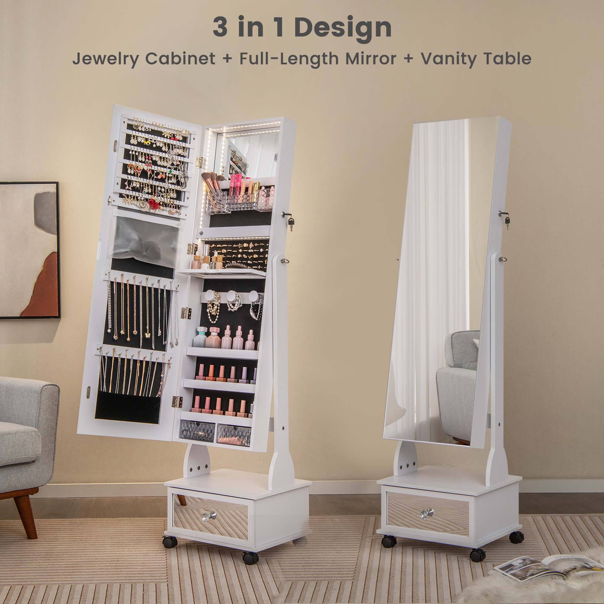 3 in 1 Design: Jewelry Cabinet + Full-Length Mirror + Vanity Table