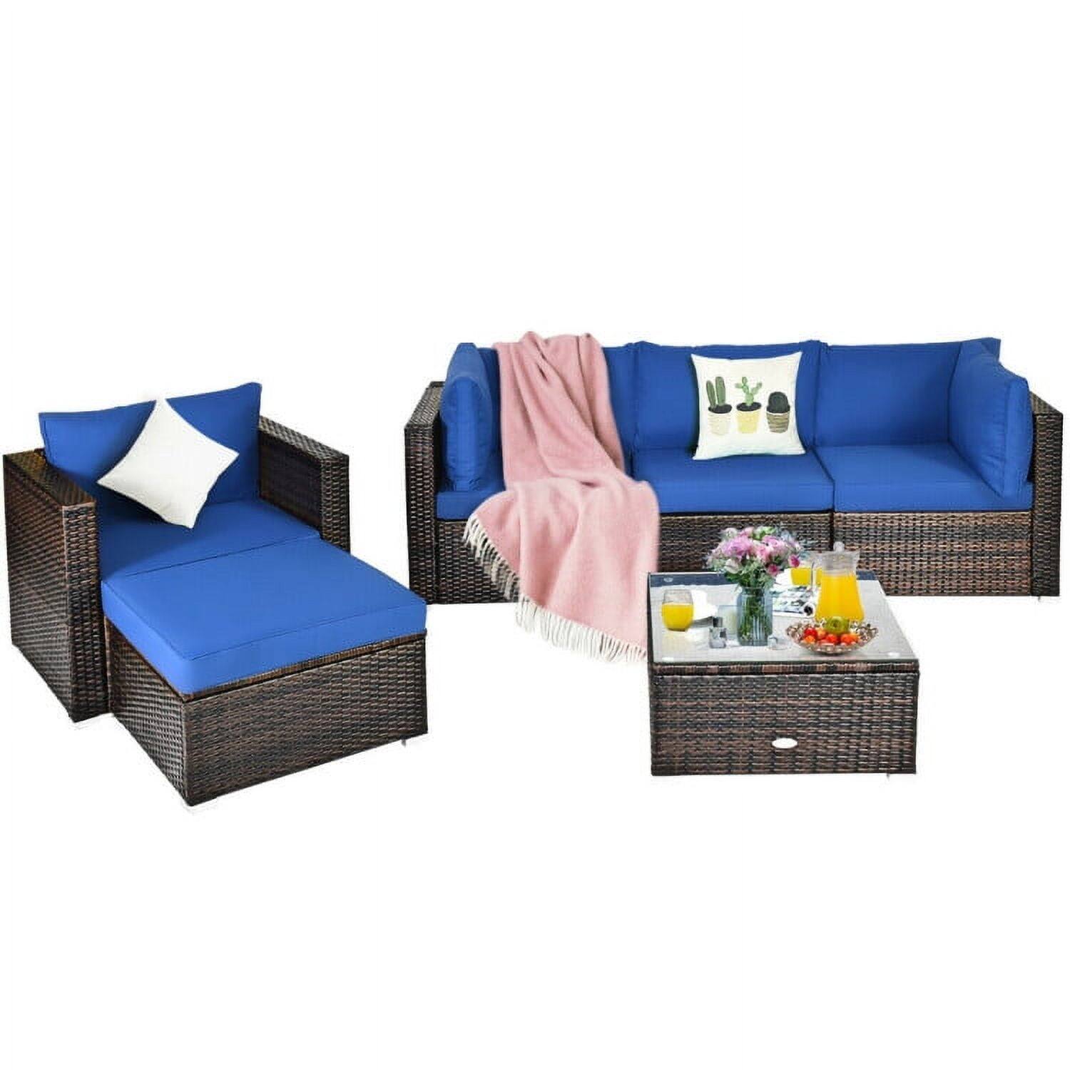 Left. Kadyn - 6 Pcs Patio Rattan Furniture Set with Sectional Cushion-Blue, Patio Seating Conversation - Blue.