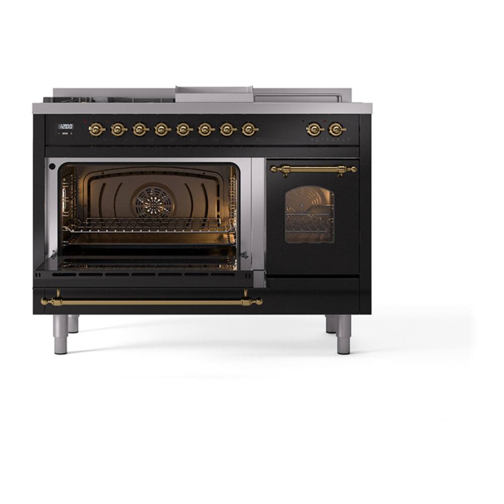 Alt View 5. ILVE - ILVE Nostalgie II Series 48 in. Dual Fuel Range with 5 Sealed Burners + Griddle (Liquid Propane, Brass Trim) - Glossy Black.