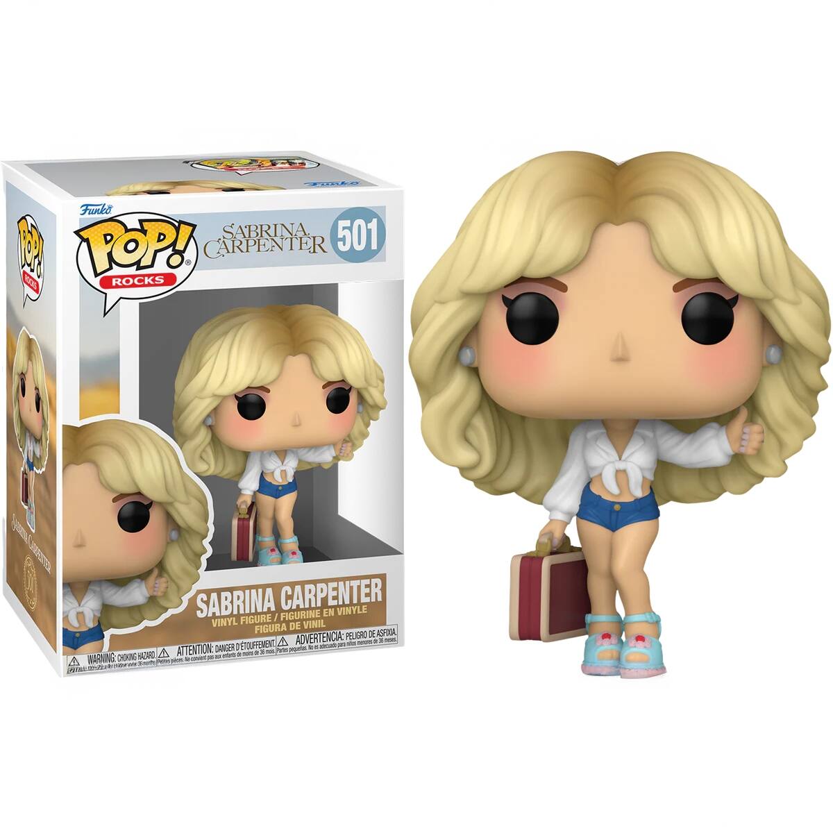 Funko POP! SABRINA CARPENTER 501 ROCKS  
VINYL FIGURE / FIGURINE EN VINYLE / FIGURA DE VINIL  
ADVERTENCIA: PELIGRO - A - - a TOUFFEMENT A a - DANGER - - - - . - hm A WARNING: CHOKING HAZARD - ATTENTION: DANGER D'ETOUFFEMENT - ADVERTENCIA: PELIGRO DE ASFIXIA