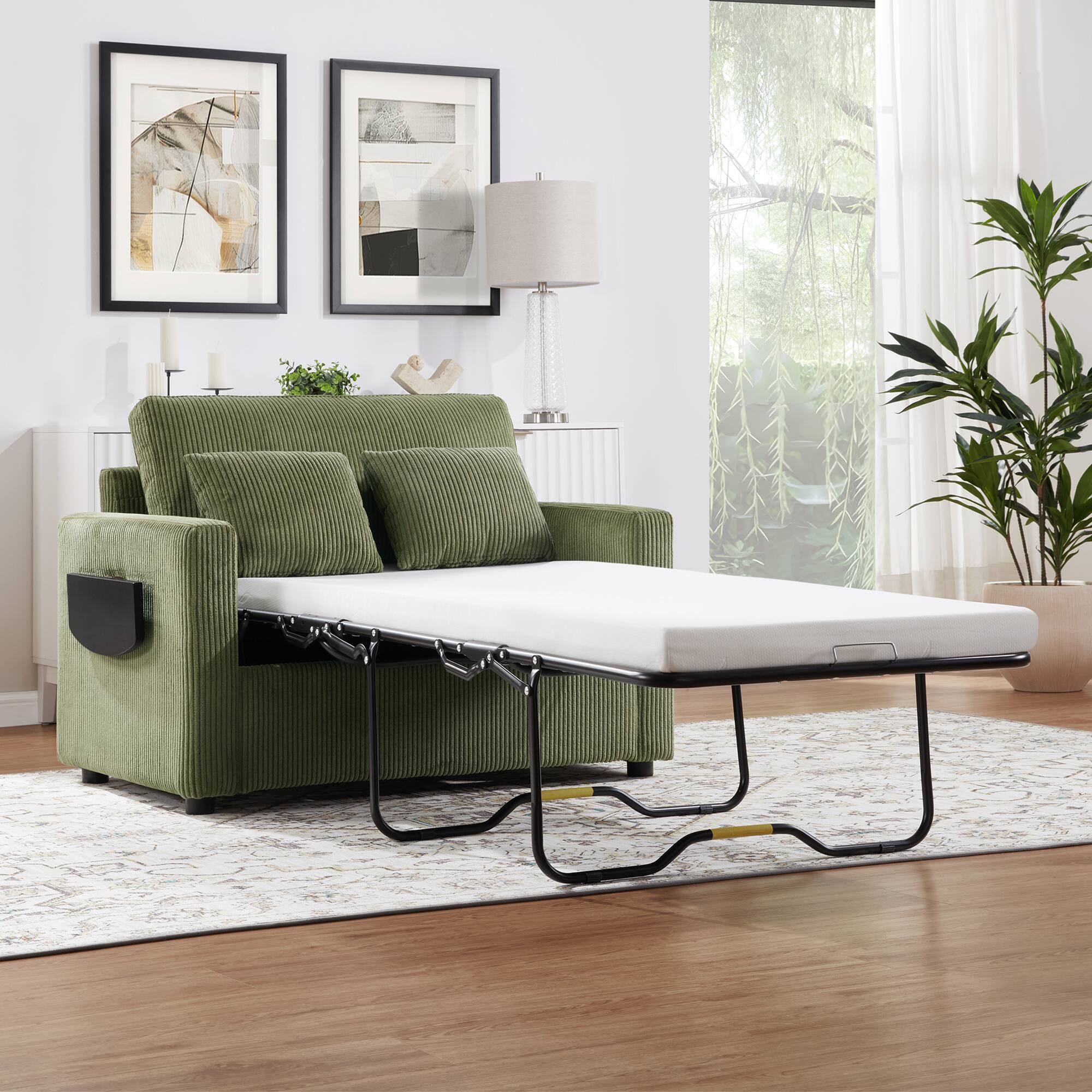 Alt View 6. Tiramisubest - Twin Size Sofa Bed Loveseat Sofa with Foldable Mattress,Side Table,Storage Pocket and USB Ports for Living Room,Green - Green.