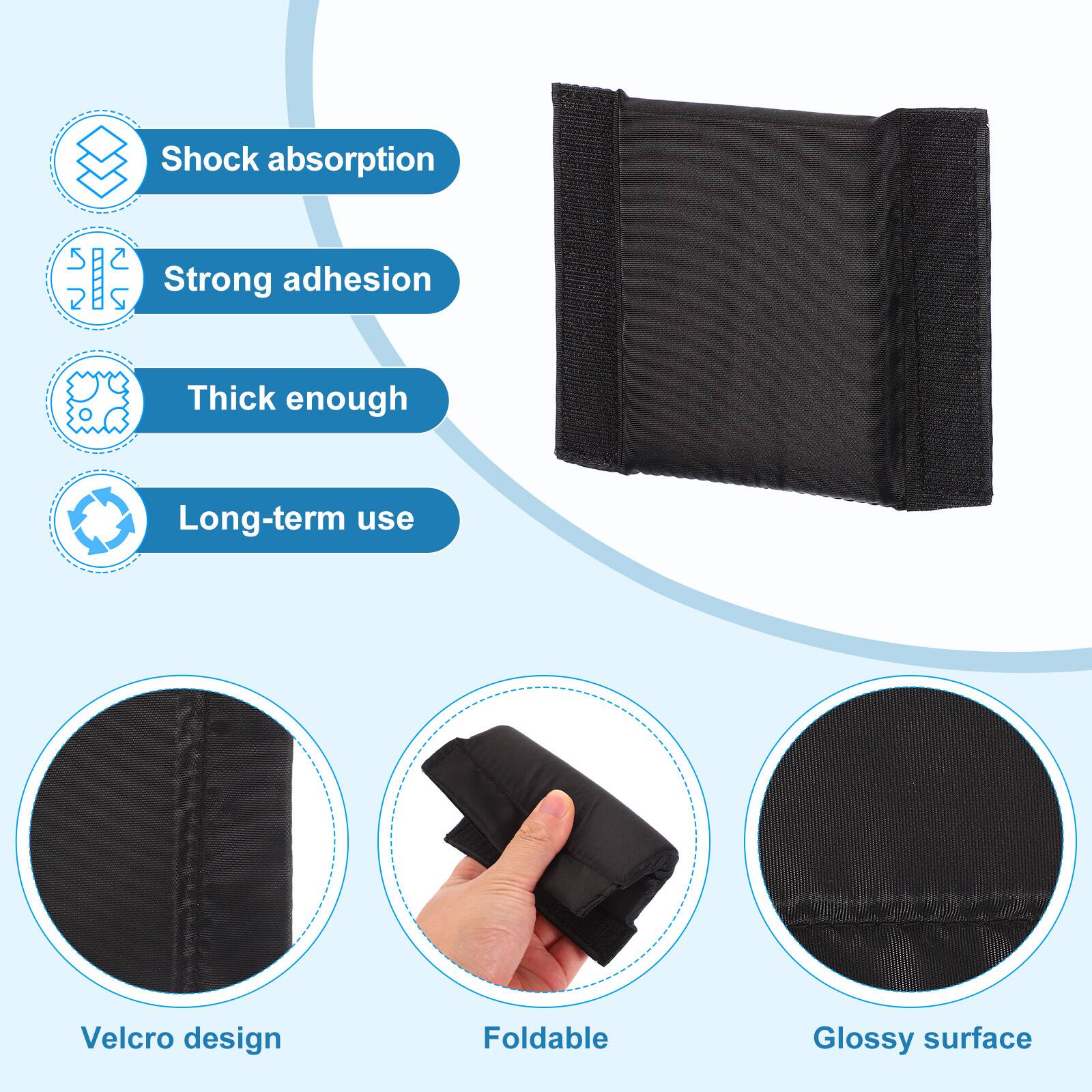 - Shock absorption
- Strong adhesion
- Thick enough
- Long-term use
- Velcro design
- Foldable
- Glossy surface