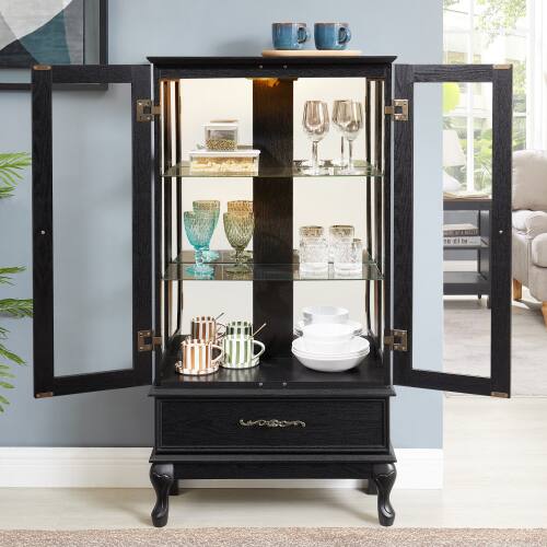 Left. LUCKY ONE - 25.98in Freestanding Lighted Curio Cabinet with Drawer and Adjustable Shelves for Wine Collectibles - Black.
