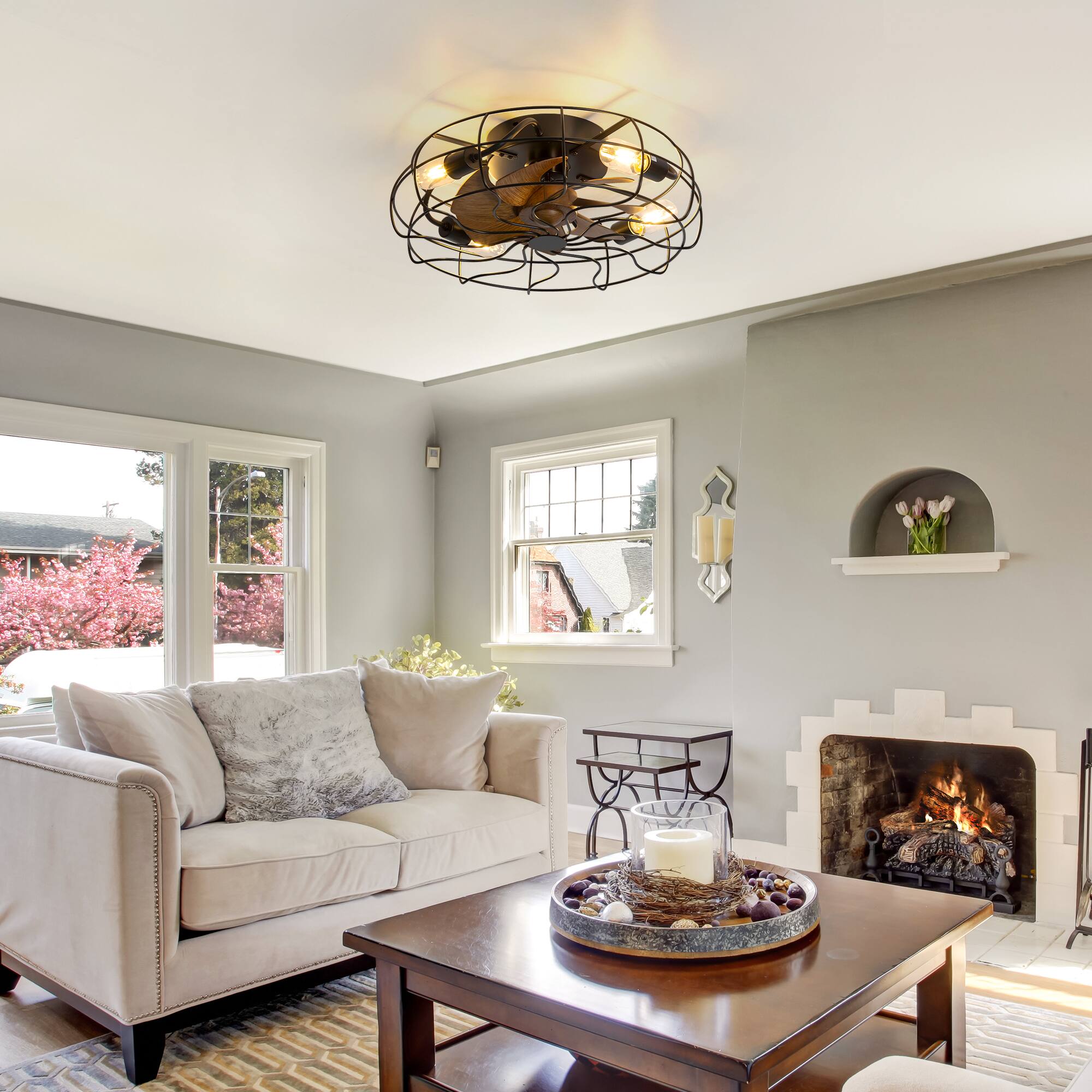 Alt View 2. Breezary - 19-In Traditional Caged Ceiling Fan with Light, Remote Control, 7 Blades, Flush Mount Fandelier for Bedroom, Living Room - Matte Black.