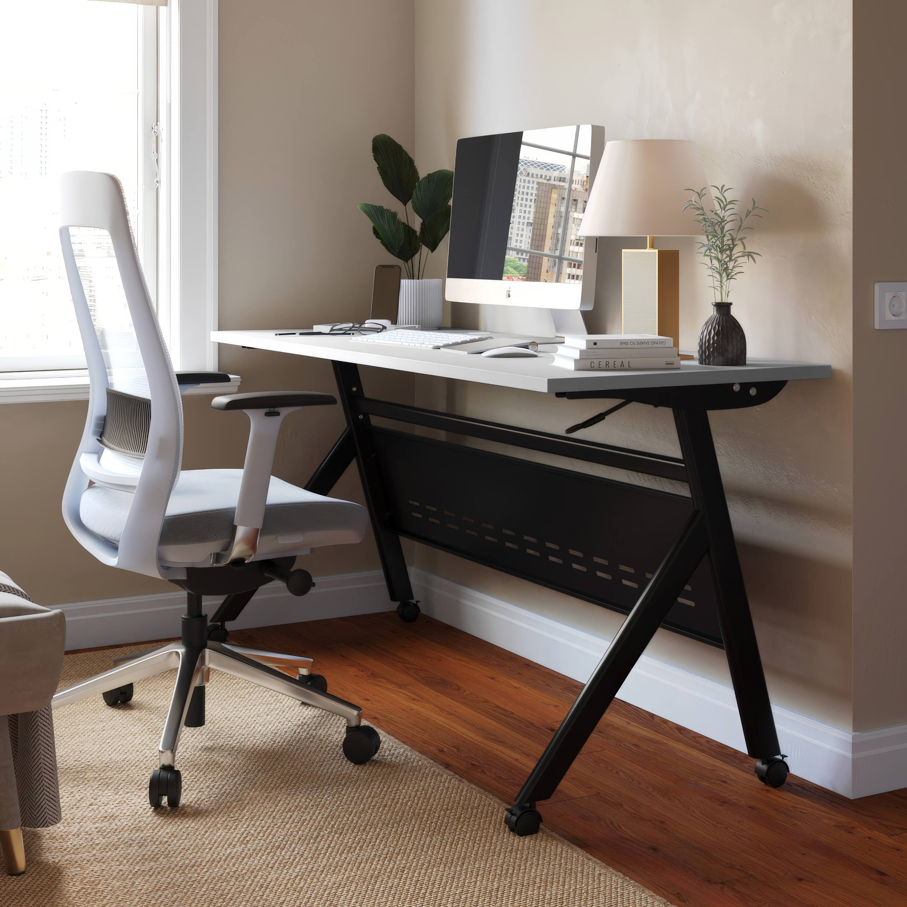 Alt View 1. Emma + Oliver - Griffin Heavy-Duty Flip Top Training Table with Nesting Design, Privacy Panel, Y-Legs, Tabletop, Metal Frame - Gray Top/Black Frame.