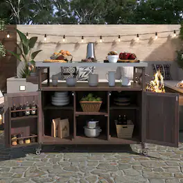 PexFix - Solid Wood Outdoor Kitchen Island with Stainless Top, Rolling BBQ Grill Cart with Storage, Spice & Towel Rack for Patio - Dark Brown